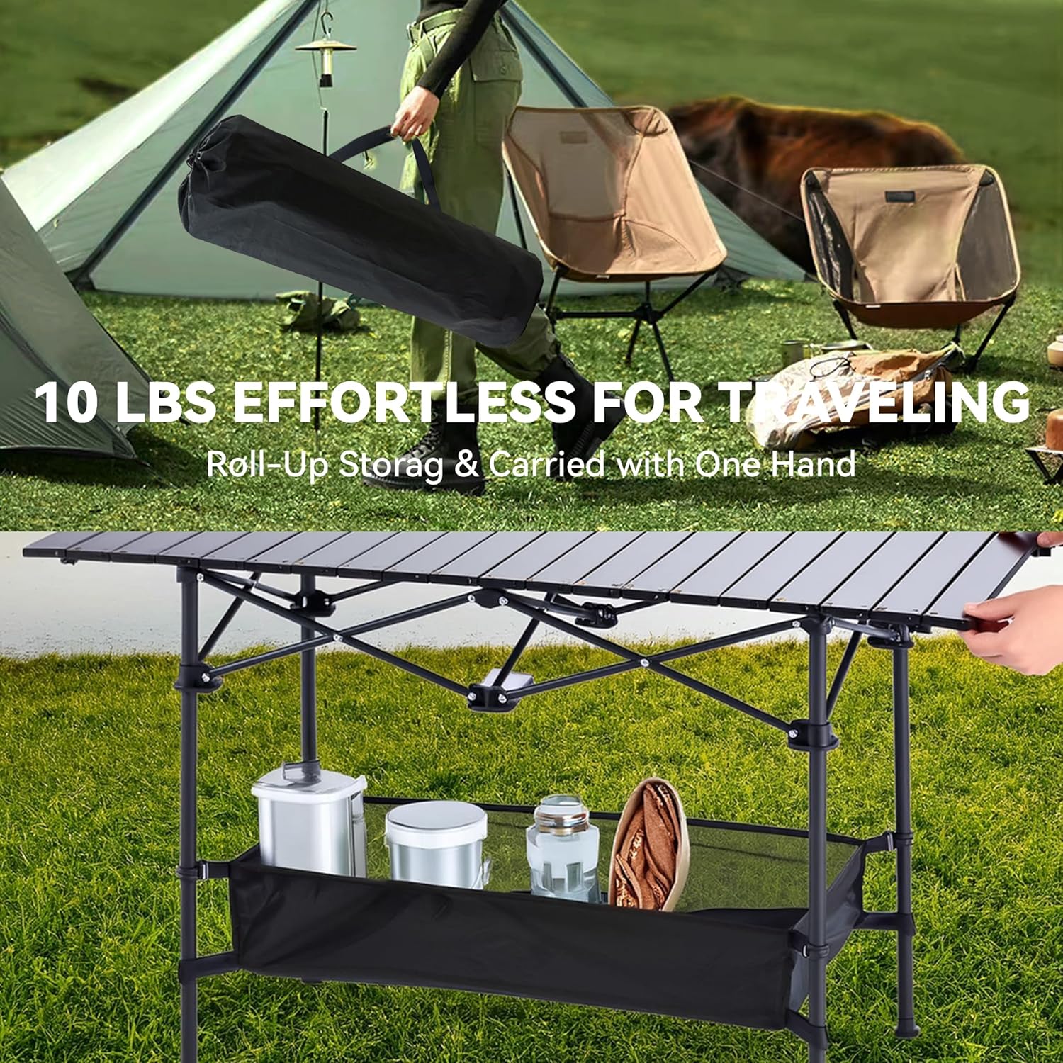 Lightweight Aluminum Folding Table, Portable Durable Roll-Up Camping Table with Carry Bag, Waterproof & Stable Outdoor Picnic Table for Beach BBQ Patio Tailgating, 47 Inch