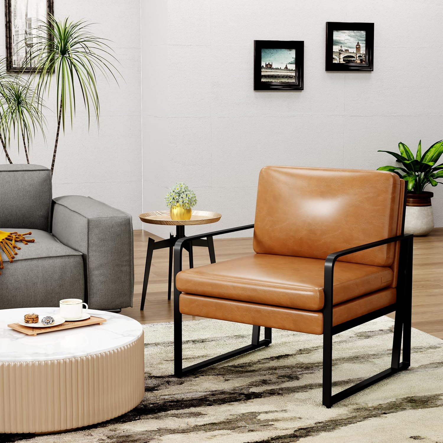 Set of 2 Brown Faux Leather Armchairs with Metal Frame