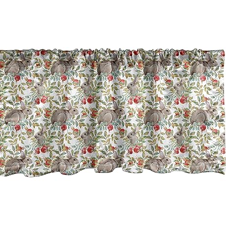 Ambesonne Bunny Easter Valance: Dog Rose & Rabbits Beige-Red 54"x18"