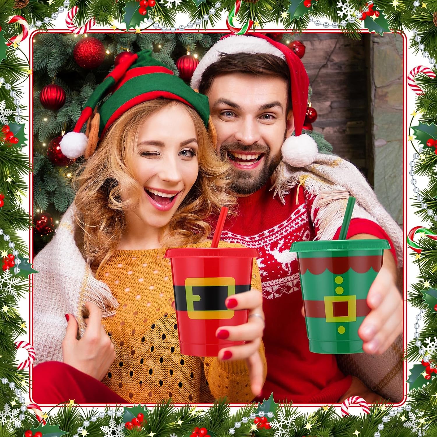 36 Pcs Christmas Cups with Straws and Lids 16 Oz Santa Elf Belt Plastic Christmas Cups Tumbler Reusable Drinking Tool for Winter Holiday Xmas Party Decoration Drinkware Supplies - Image 3