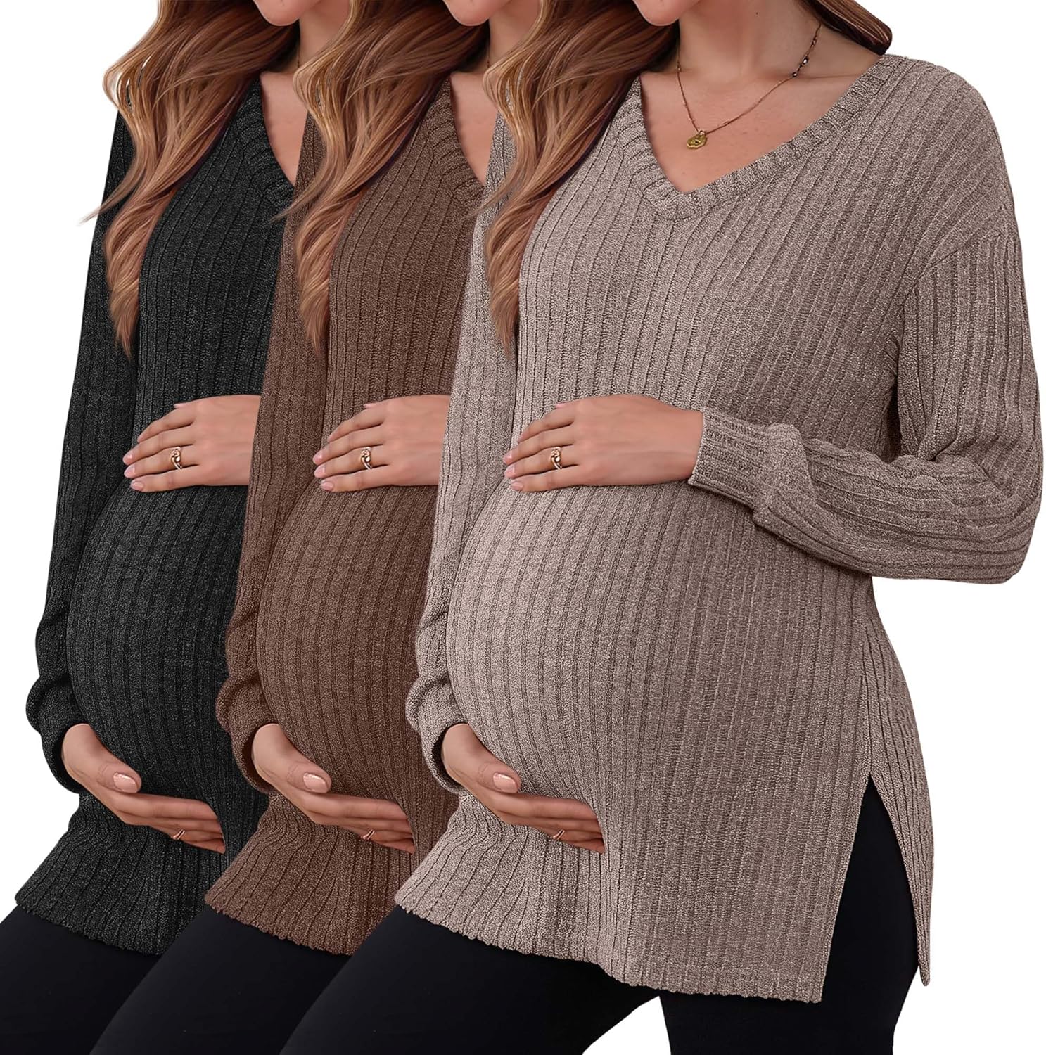 3 Pack Women's Ribbed Maternity Shirts, Long Sleeve V Neck Pregnancy Sweaters with Side Split Pregnant Clothes