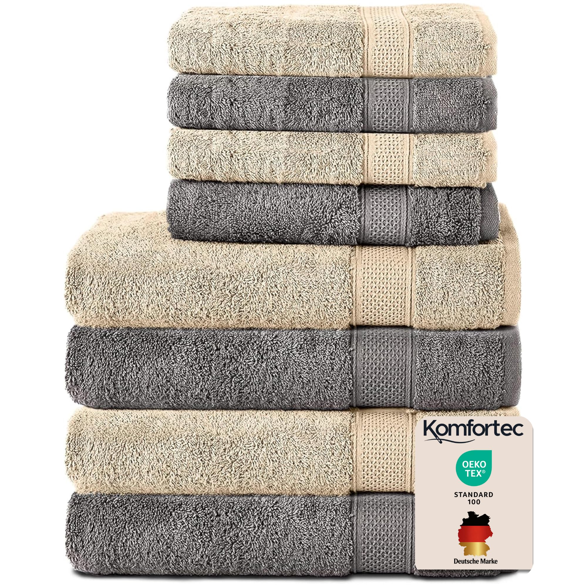 Komfortec Set of 8 Hand Towels 100% Cotton, 4 Bath Towels 70 x 140 cm and 4 Hand Towels 50 x 100 cm, Terry Towelling, Soft, Towel, Large, Anthracite/Beige