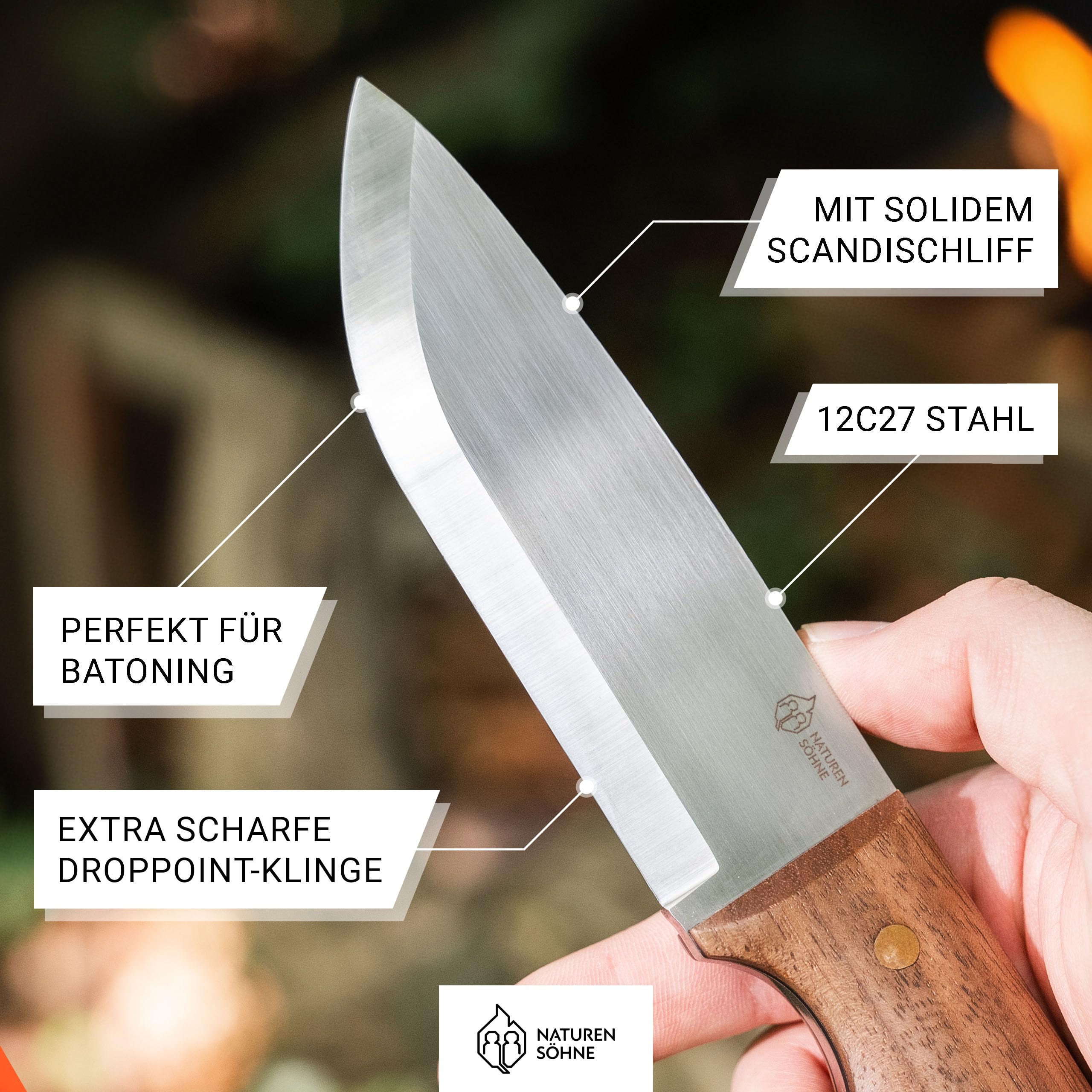 NATURENSÖHNE® MK. III - Jagdmesser mit 11,2 cm Scandi Klinge feststehend - Fulltang Bushcraft-Messer mit Walnuss Holzgriff - Outdoormesser mit Leder-Scheide - Fahrtenmesser klassisch für Pfadfinder