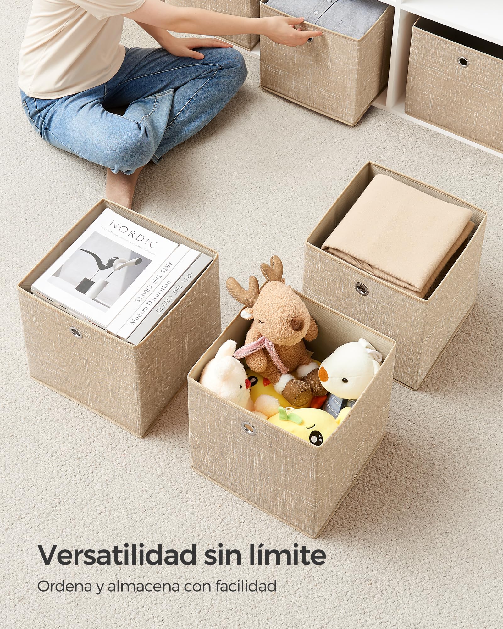 SONGMICS Cajas de Almacenamiento, Juego de 6 Cajas de Tela No Tejida con Asa, 30 x 30 x 30 cm, Unidad de Almacenamiento, para Estantes, Plegable, Almacenamiento de Ropa, Beige Arena RFB006K03