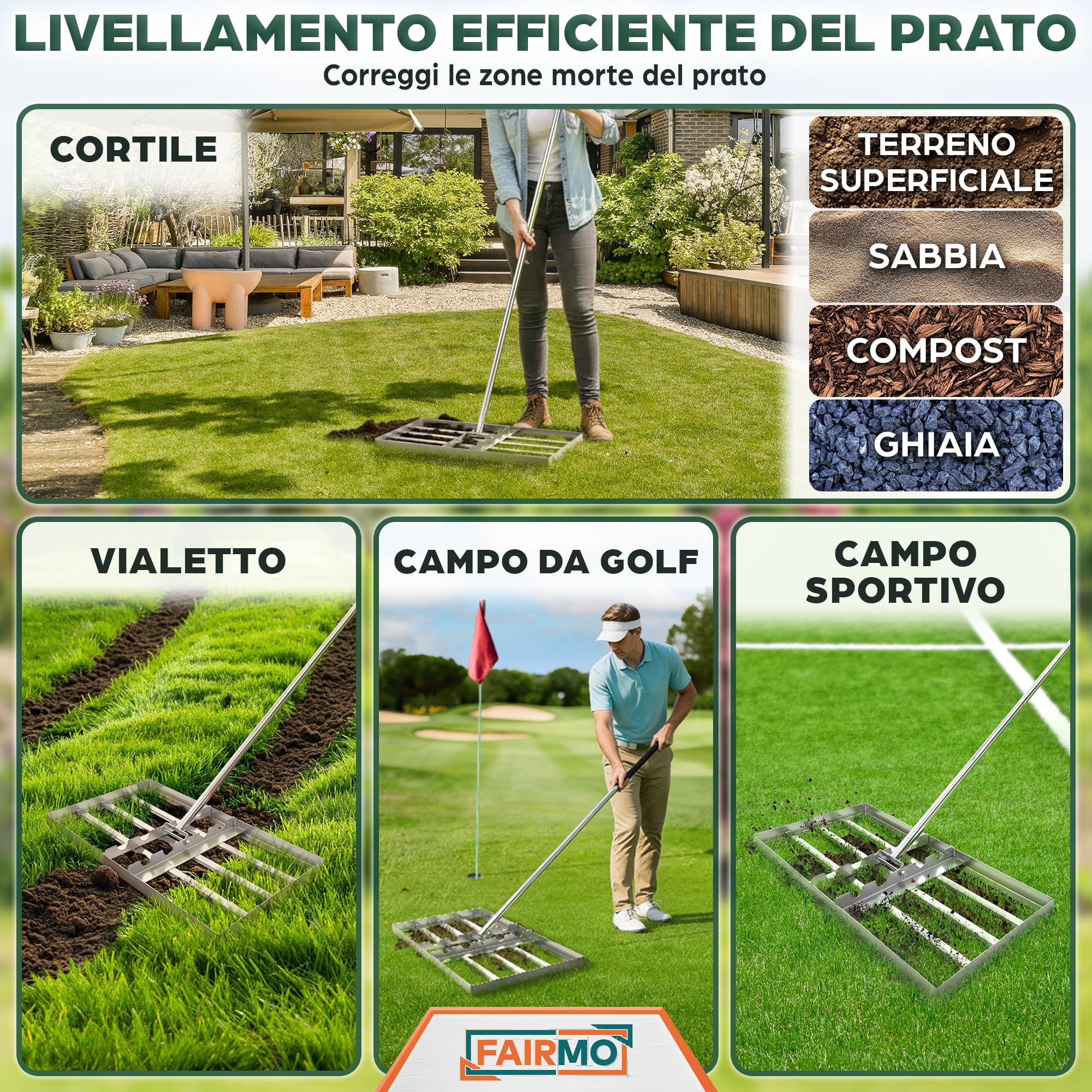 FAIRMO Rastrello livellatore per terra in acciaio inox (75x35 cm) con manico da 2 m - Fairmo Livellatore prato per sabbia e terra - Rastrello per prato largo