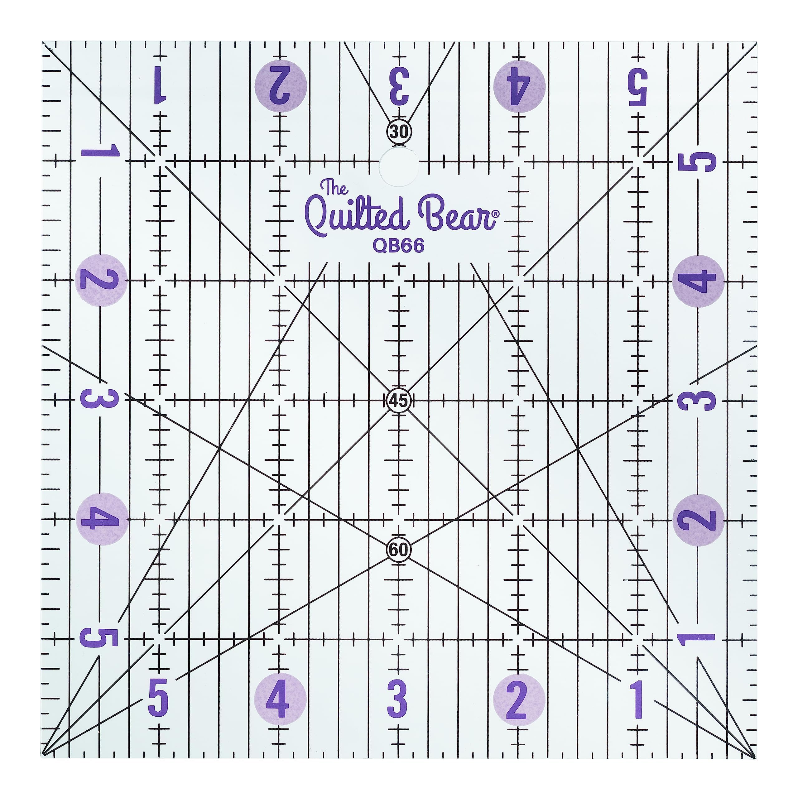 The Quilted Bear Transparent Quilting Rulers - Acrylic Non-Slip Quilting & Sewing Ruler With Precise Black Lines & 30, 45 & 60 Degree Angles - Essential Tool For Perfect Sewing Results (6" X 6")