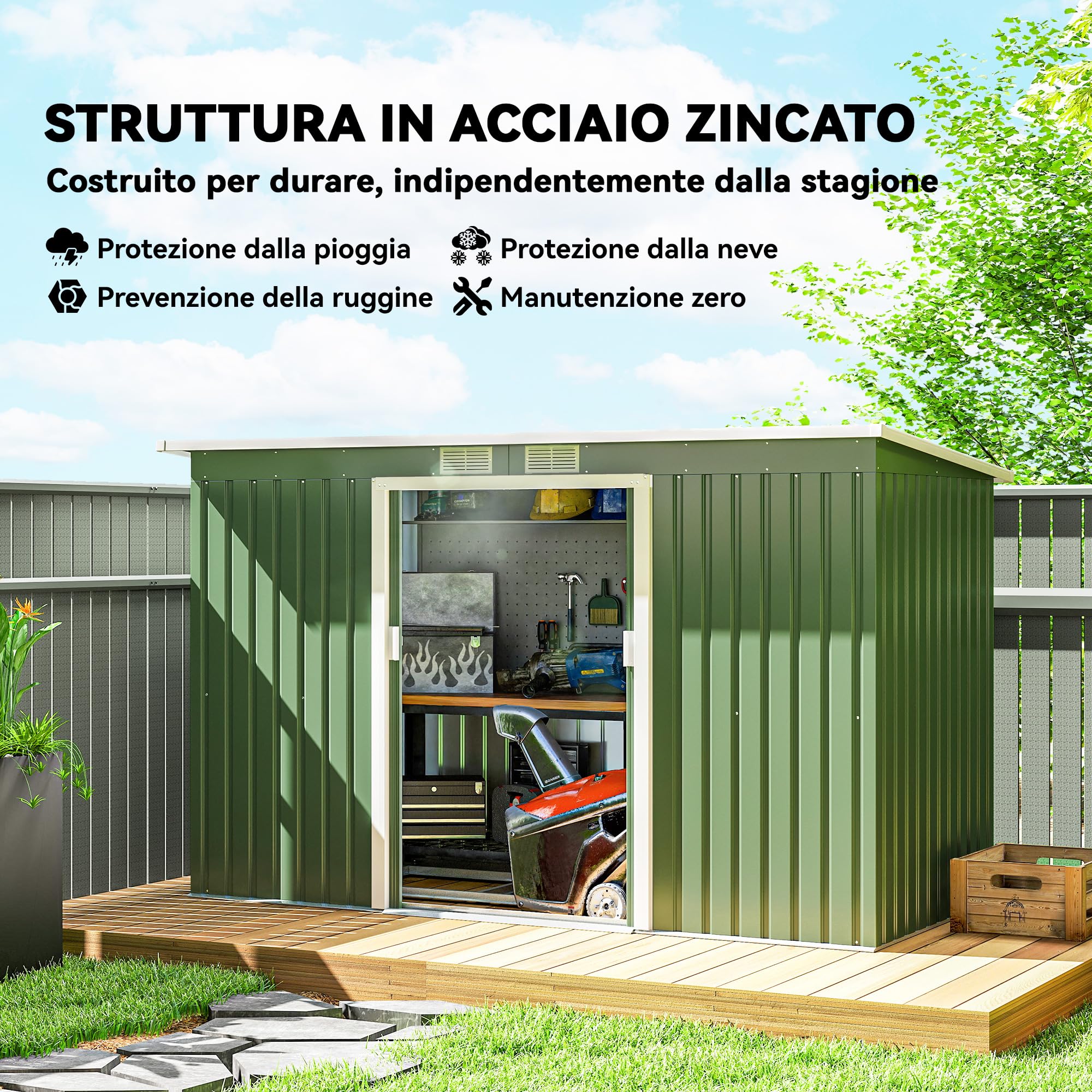 Outsunny Casetta da Giardino 3.2m² in Acciaio Zincato con Kit Fondazione, Prese d'Aria, Capanno Porta Attrezzi con Tetto Inclinato, Doppia Porta Scorrevole Bloccabile, Verde Chiaro
