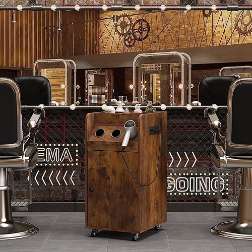 Miniatura 8 de RESHABLE Carrito de salón con estación de carga, resistente, marrón rústico, estilista