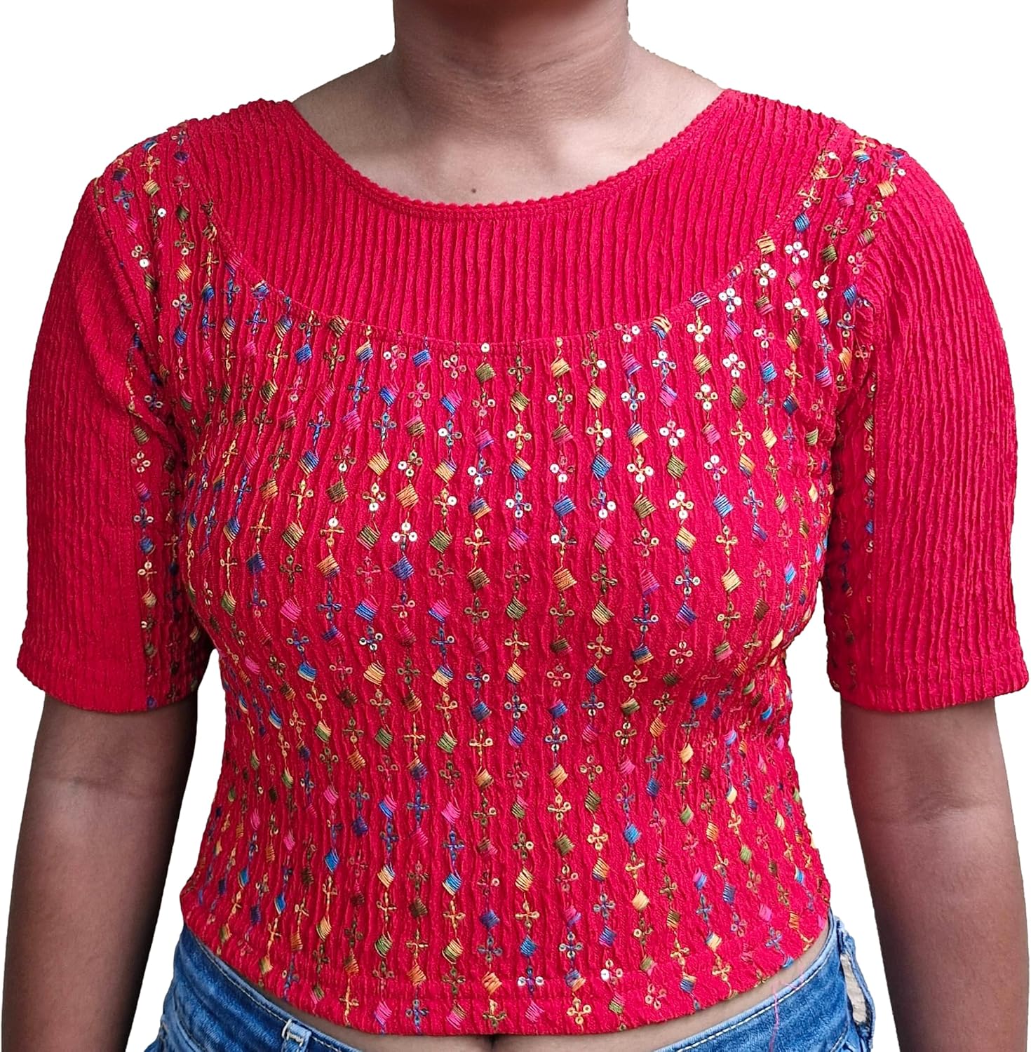 SMIT Readymade Stretchable Saree Blouse for Women – Elbow Sleeve Crush Fabric Blouse – Comfortable & Stylish Ethnic Wear (Red, S) - Image 2