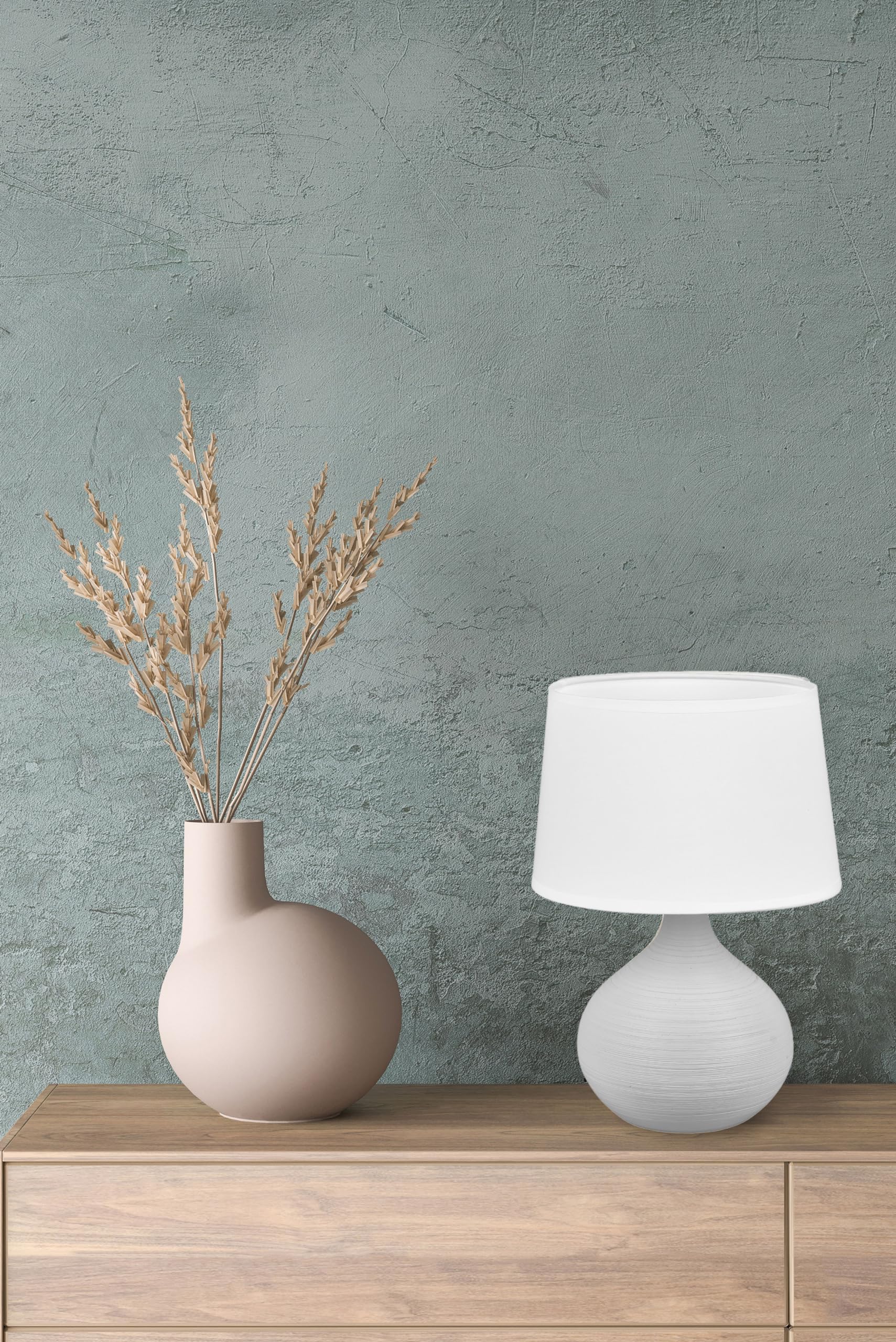 Tischlampe Mit Keramikfuß & Leinenschirm | 39 Cm, Dimmbar, Weiß-schwarz, E14