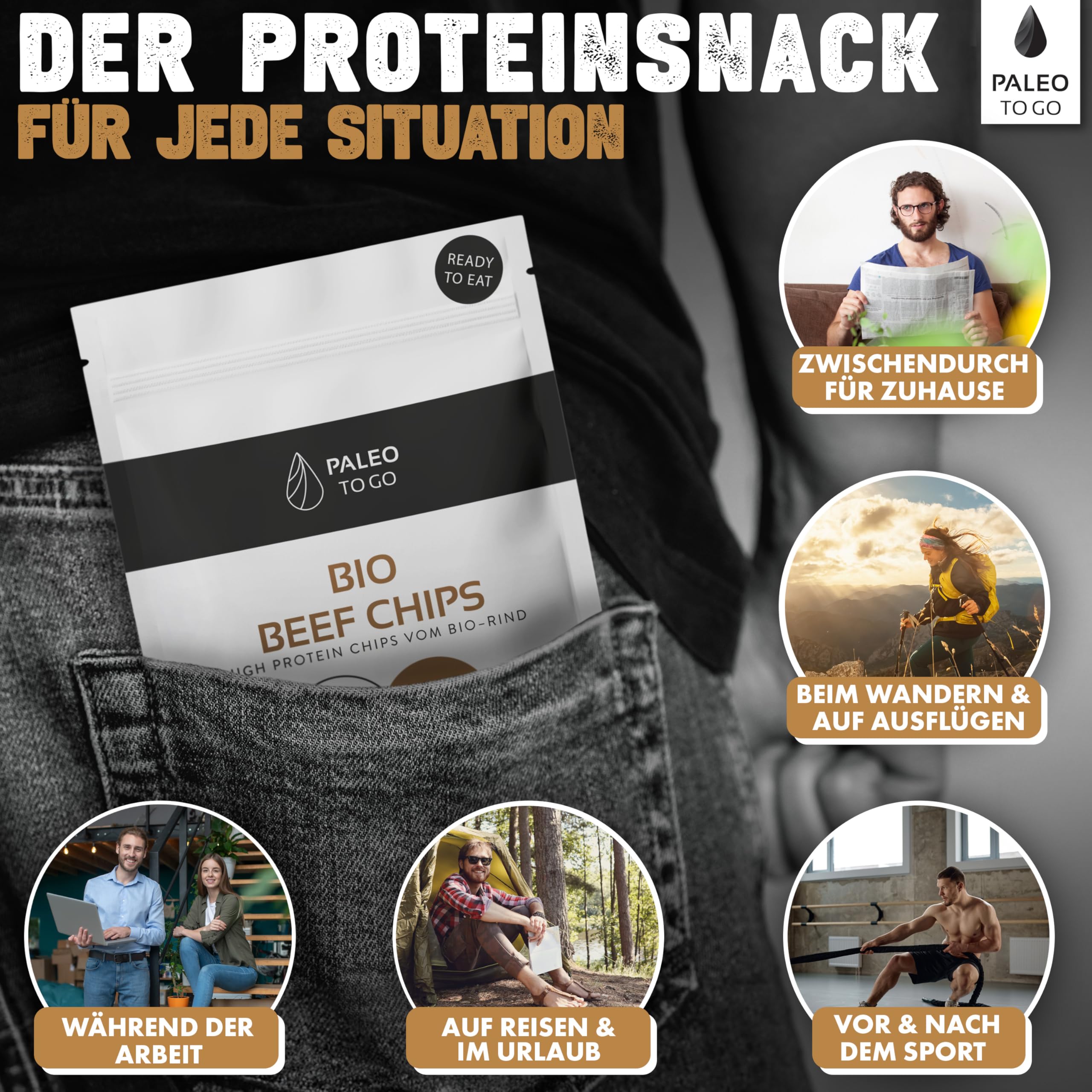 PALEO TO GO Beef Chips [100% BIO] 60% High Protein Bio Rindfleisch [Made in Austria] ohne Konservierungsstoffe Protein Beef Jerky Snack Trockenfleisch 8x 20g Fleisch Snacks Protein Chips