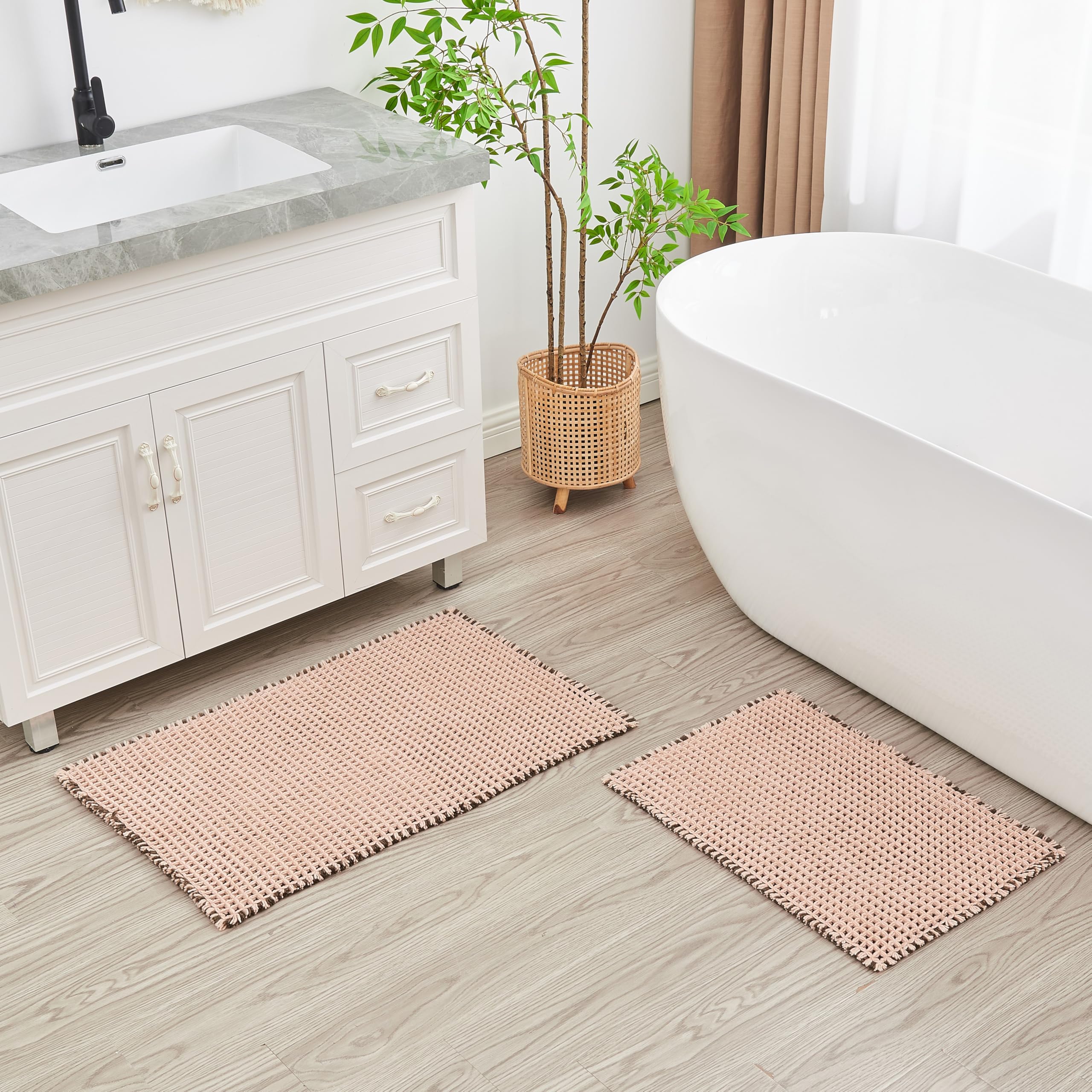 Douceur Waffle Bath mat for Bathroom Floor Non Slip, Super Soft Acrylic Blend Bath Rugs with Tassels, Quick Dry Bathroom Rugs Machine Washable,20" x
