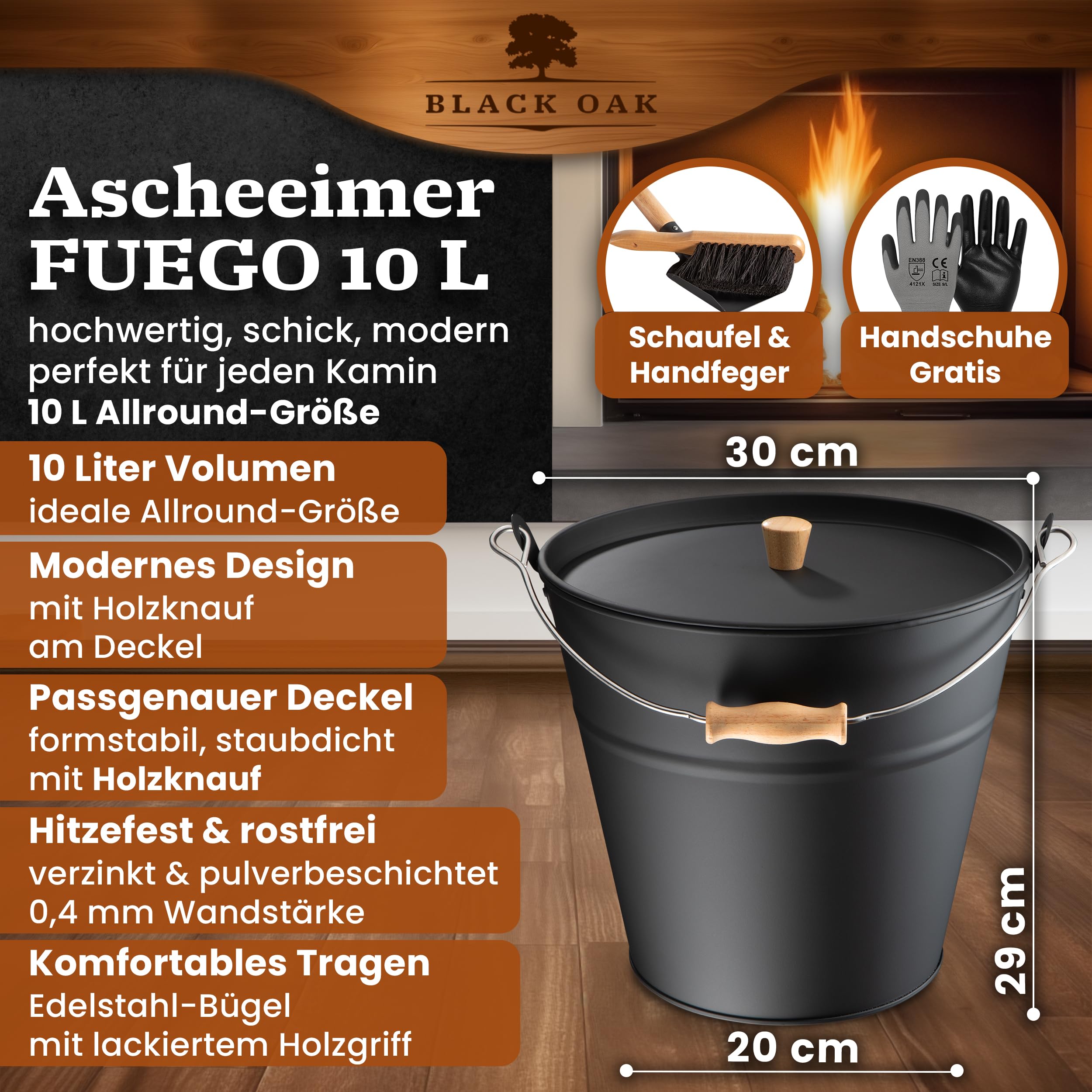BLACK OAK Cubo de ceniza Fuego 10 l – negro con tapa con mango de madera + cepillo + pala y guantes – 10 l acero galvanizado y recubierto de polvo cubo para cenizas, carbón, pellets accesorios