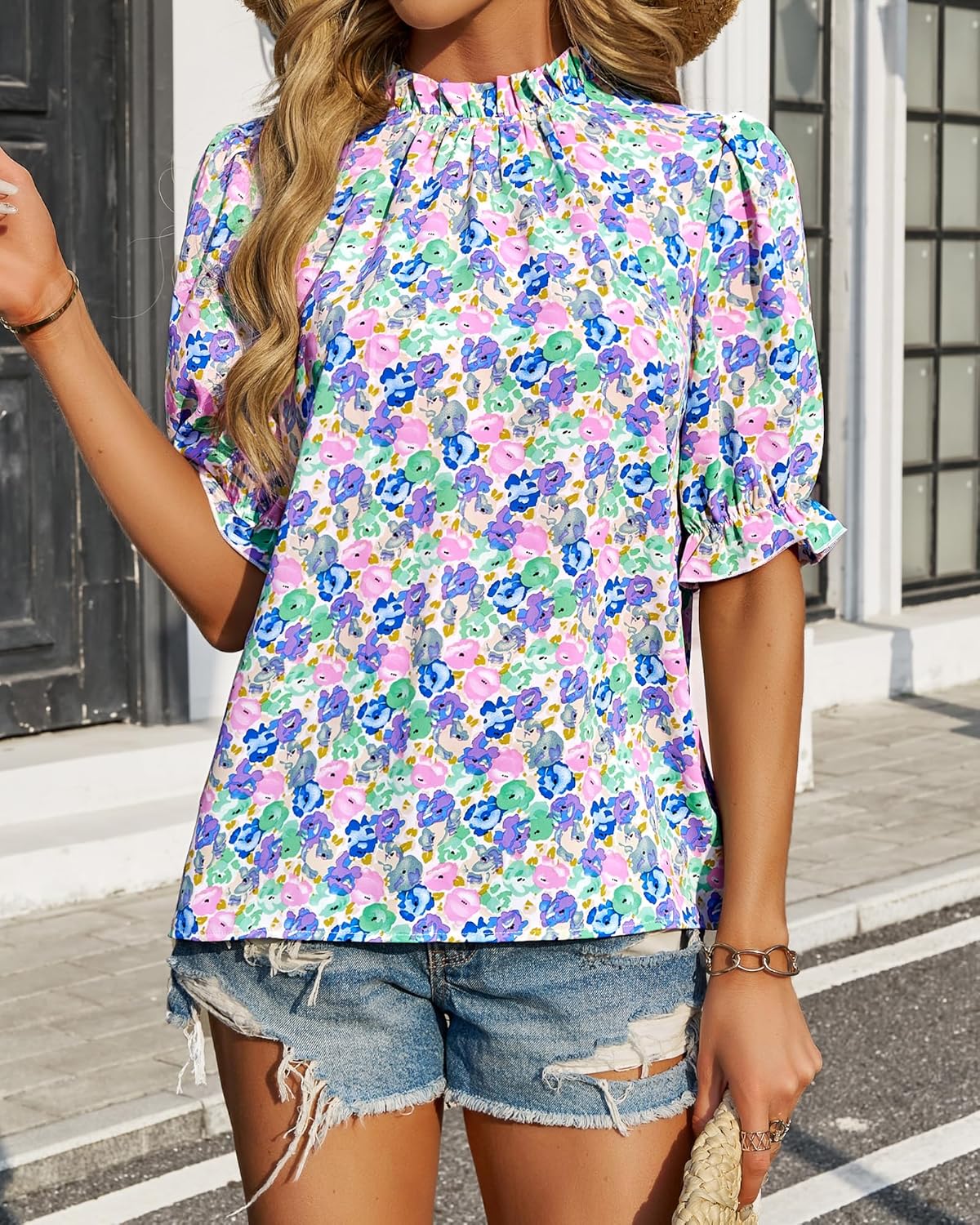 BTFBM Womens Tops 2026 Dressy Casual Blouses Summer Spring Clothes Mock Neck Short Sleeve Shirts Business Work Fall Outfits - Image 4