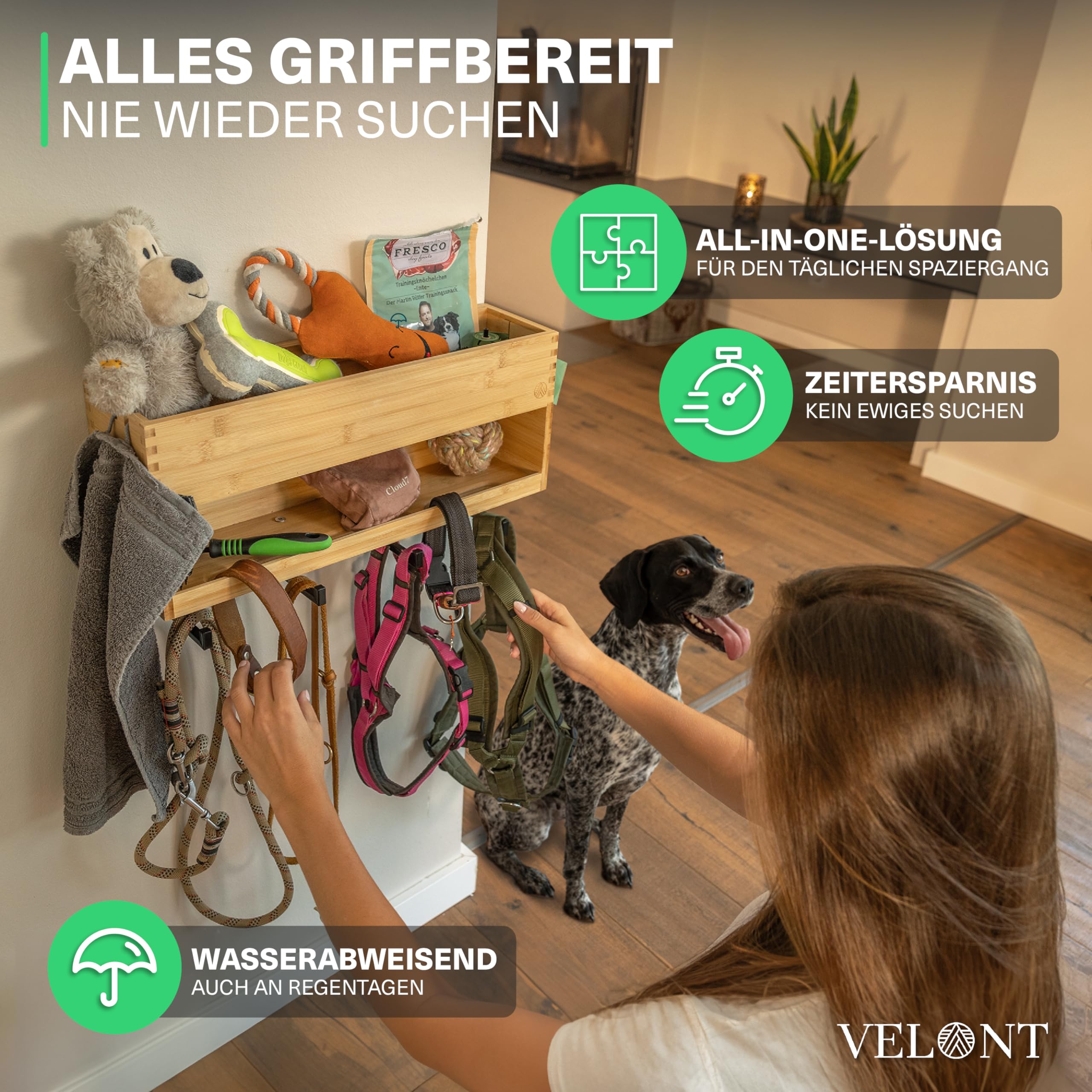 VELONT Perchero XXL con estante, perfecto aparcamiento de lino, estación de bambú respetuosa con el medio ambiente para ropa y accesorios, marca alemana, incluye dispensador de bolsas de excrementos,