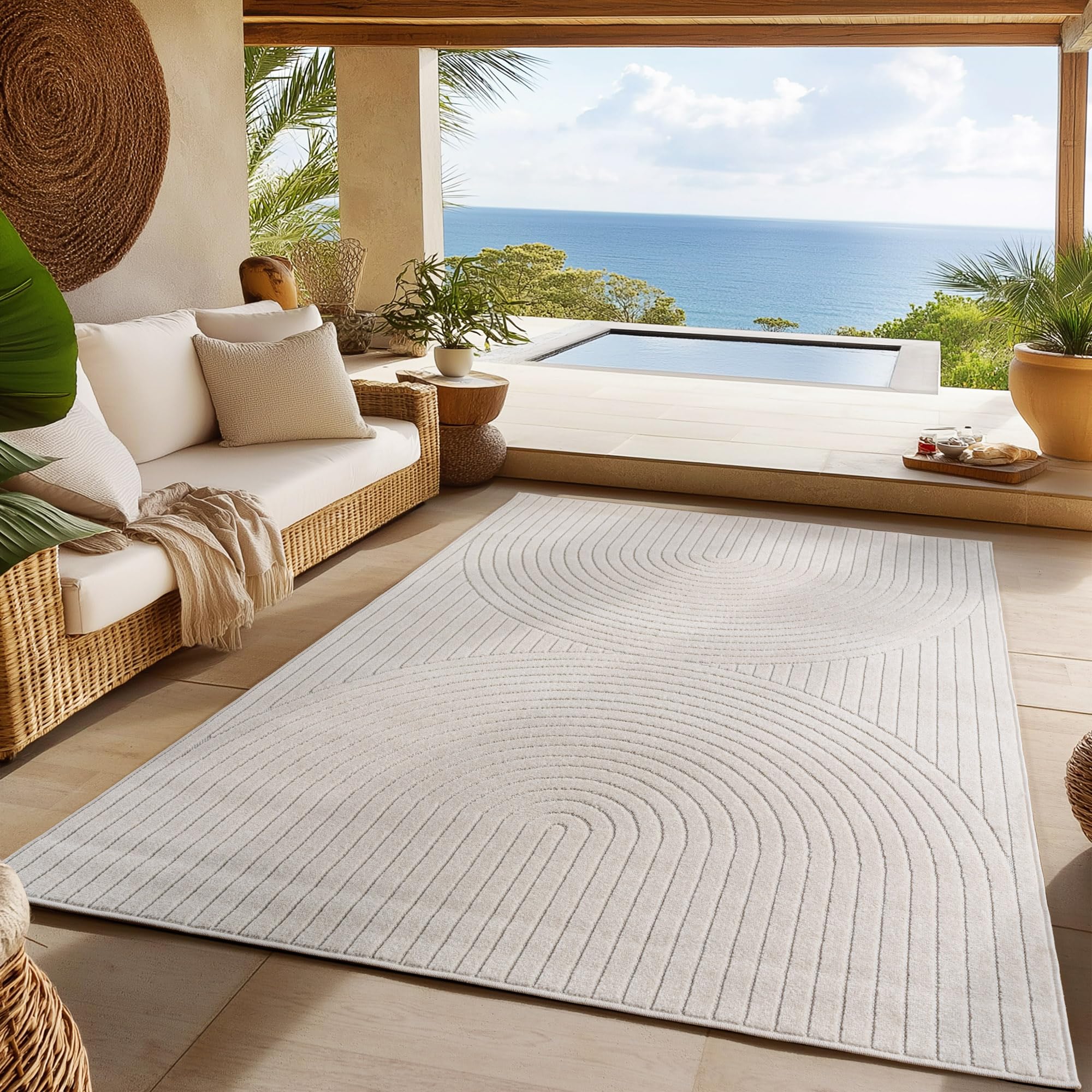SIMPEX Tappeto 240x340 cm XL Crema, Pelo Corto con Effetto 3D Alto-Basso, Motivo Boho Scandinavo, per Interni o Esterni
