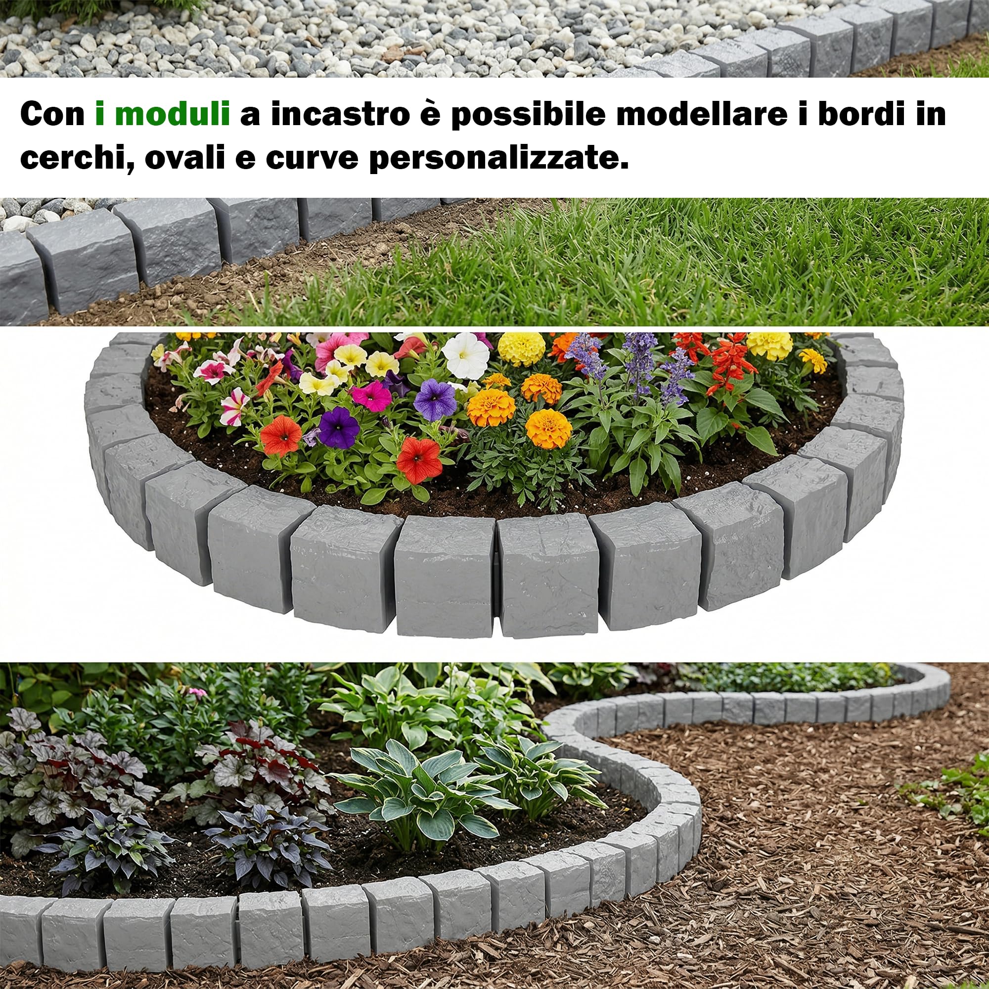 GARDENIX Bordo per prato, 2,4 m, effetto pietra, grigio, 10 x 10 x 10 cm, bordatura per aiuole in plastica, recinzione da giardino, aiuole
