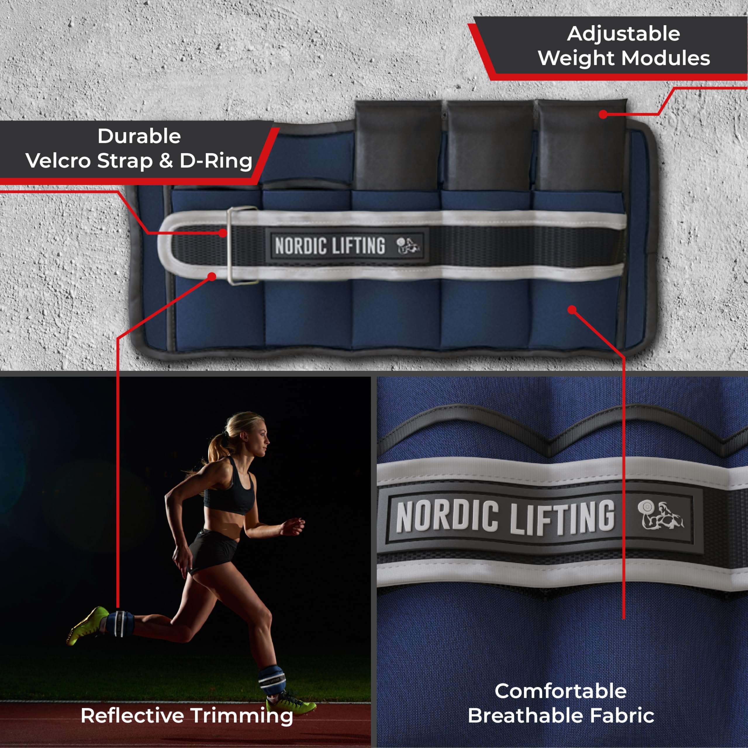 Nordic Lifting Sangle de cheville réglable – 1 paire de poignets lestés de 1 à 2,3 kg pour la marche, le fitness et l'entraînement