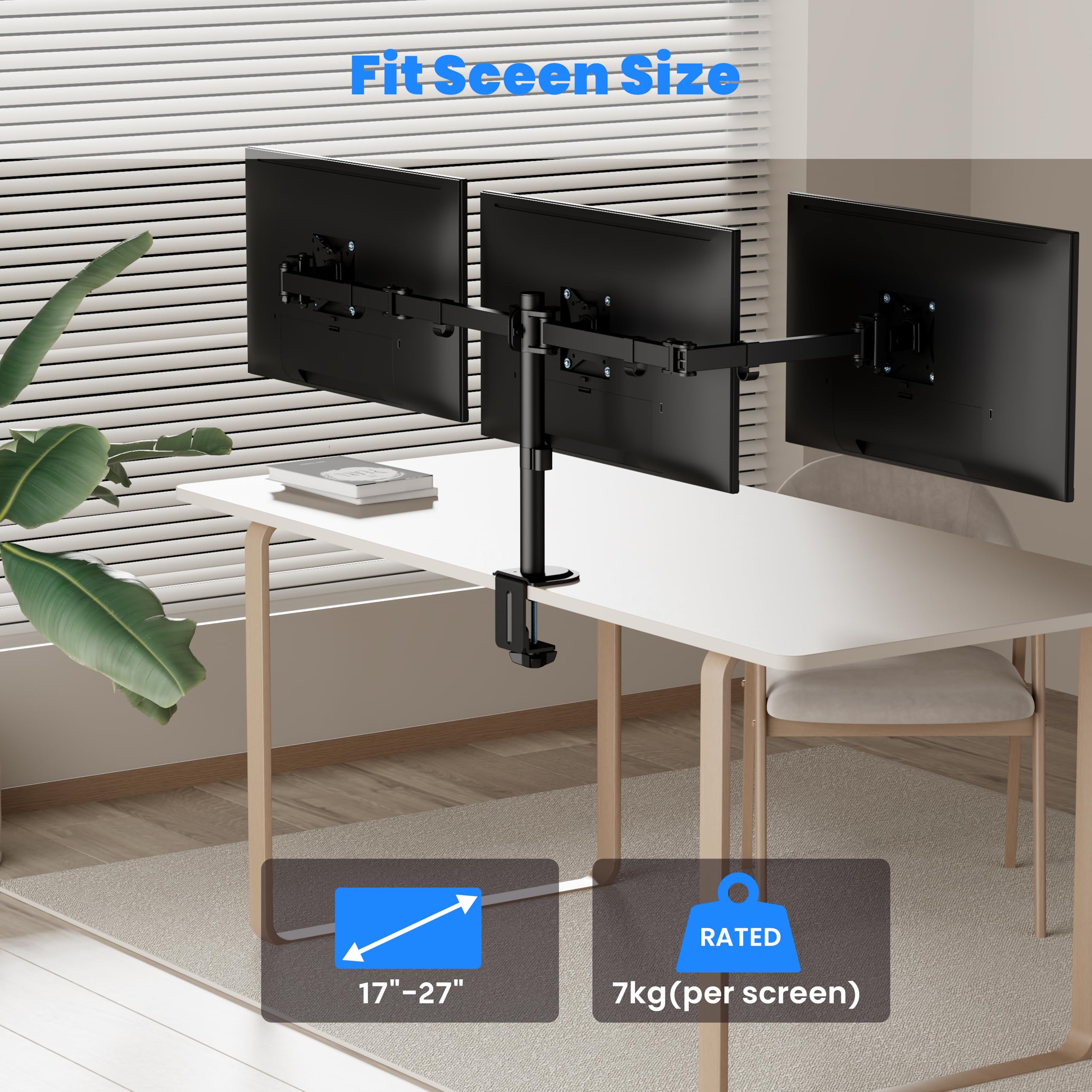 PureMounts supporto per monitor, supporto per monitor per 3 schermi, da 17 a 27 pollici, regolabile in altezza, inclinabile, girevole, VESA 75 e 100, supporto da scrivania, supporto per schermi, nero