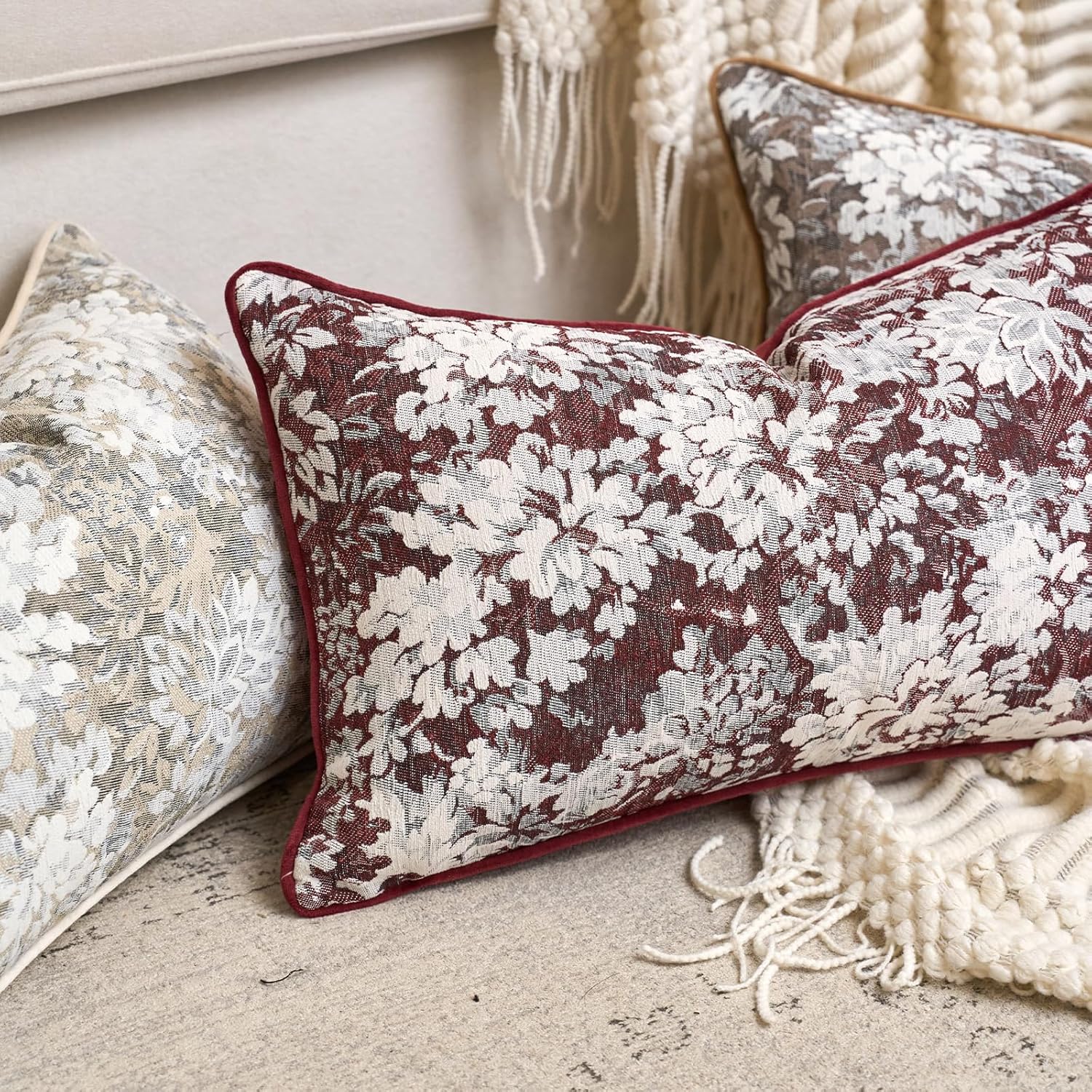 Alerfa Burgundy Neutral Floral Pillow Cover 12 x 20 Inch, Vintage Chenille Rectangle Couch Pillow Cover Soft Decorative Farmhouse Accent Pillowcase for Living Room Bedroom - Image 4