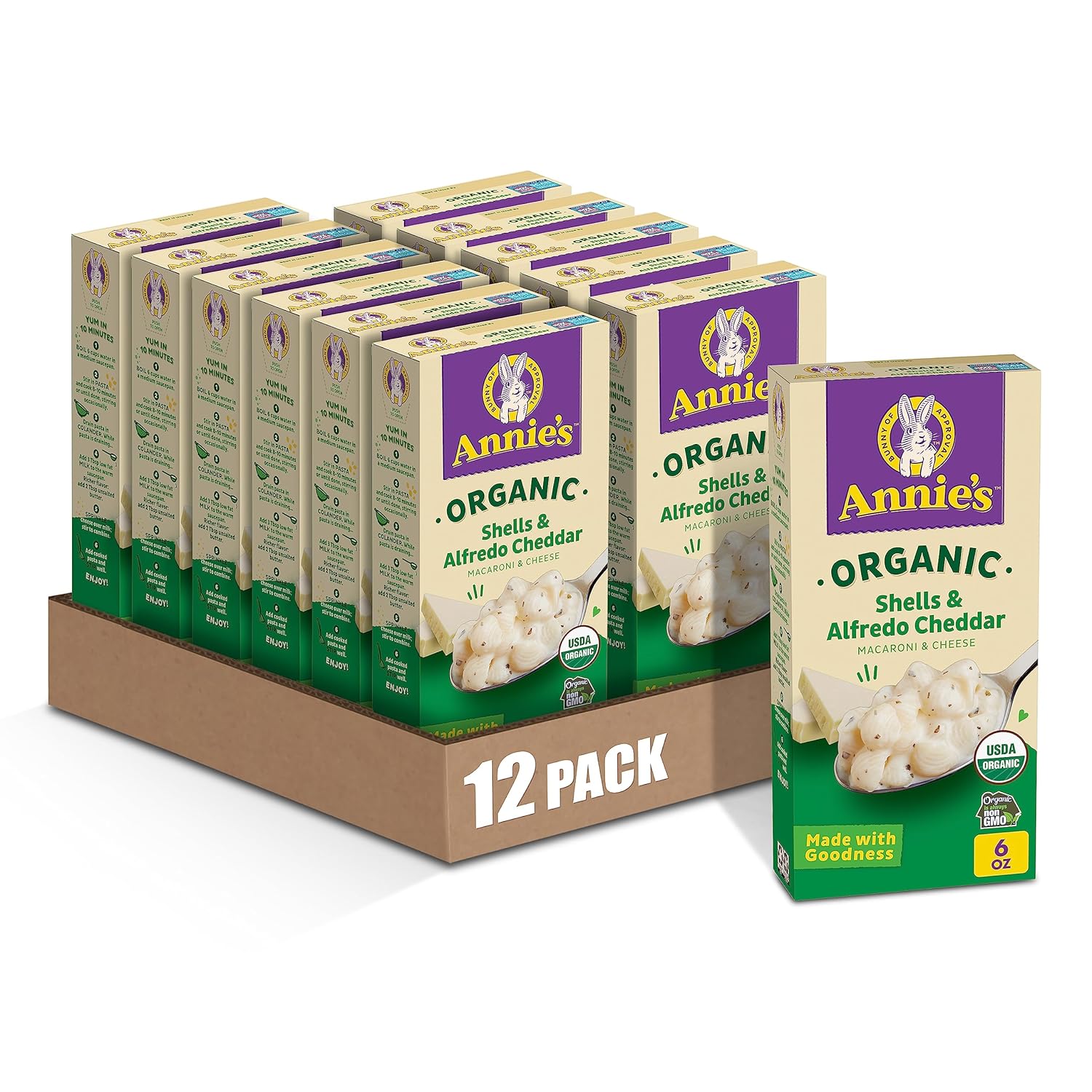 Annie's Organic Macaroni and Alfredo Cheese Dinner, Shells & Cheddar, 6 oz. (Pack of 12) Alfredo Cheddar Shells 6 Ounce (Pack of 12)((02/17/2025))