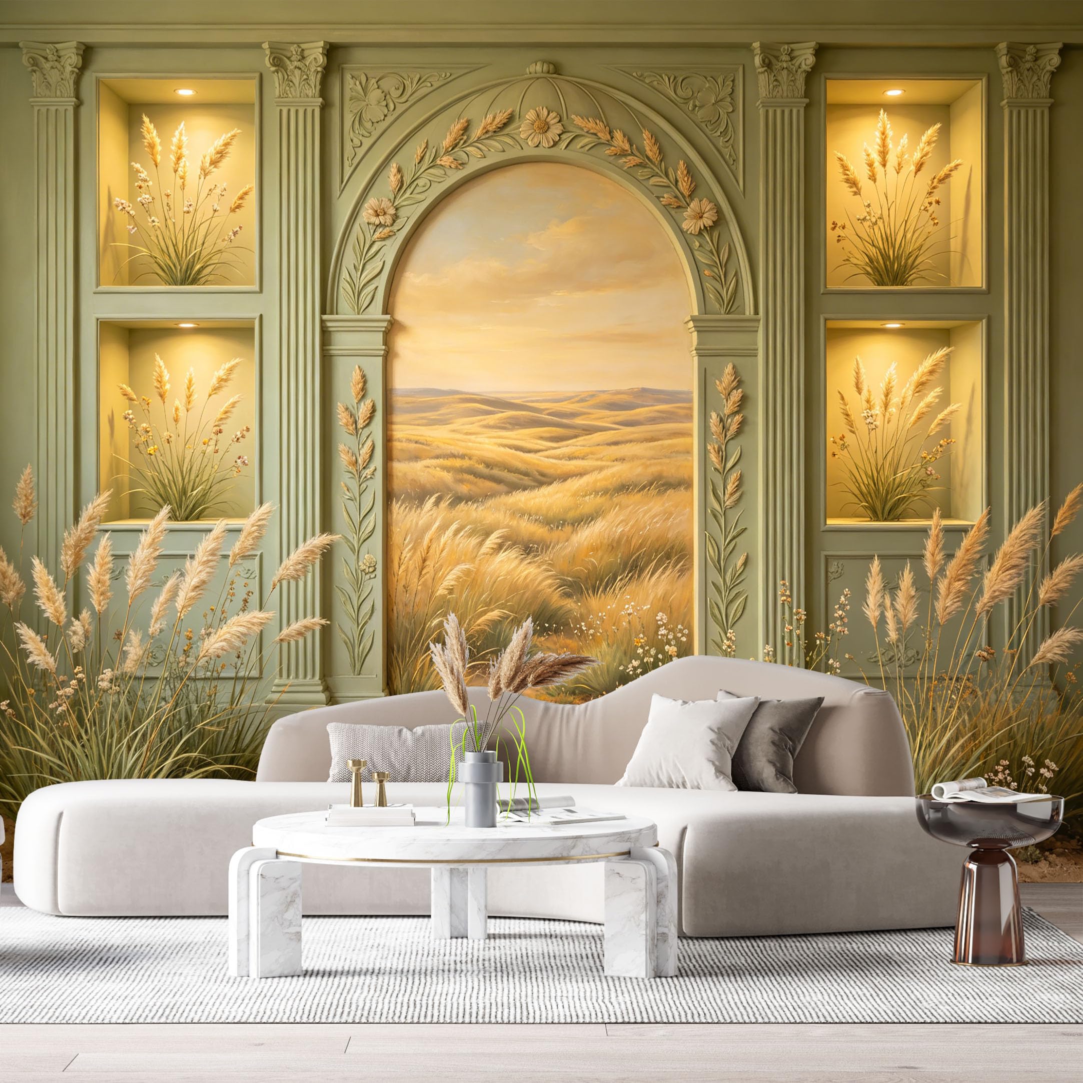 Custom Size Wall Murals Sage Archway Golden Meadow Sunset Landscape 3D Trompe L'Oeil SelfAdhesiveWall Fabric Removable Wallpaper Wall Decor for Living Room Bedroom Bathroom