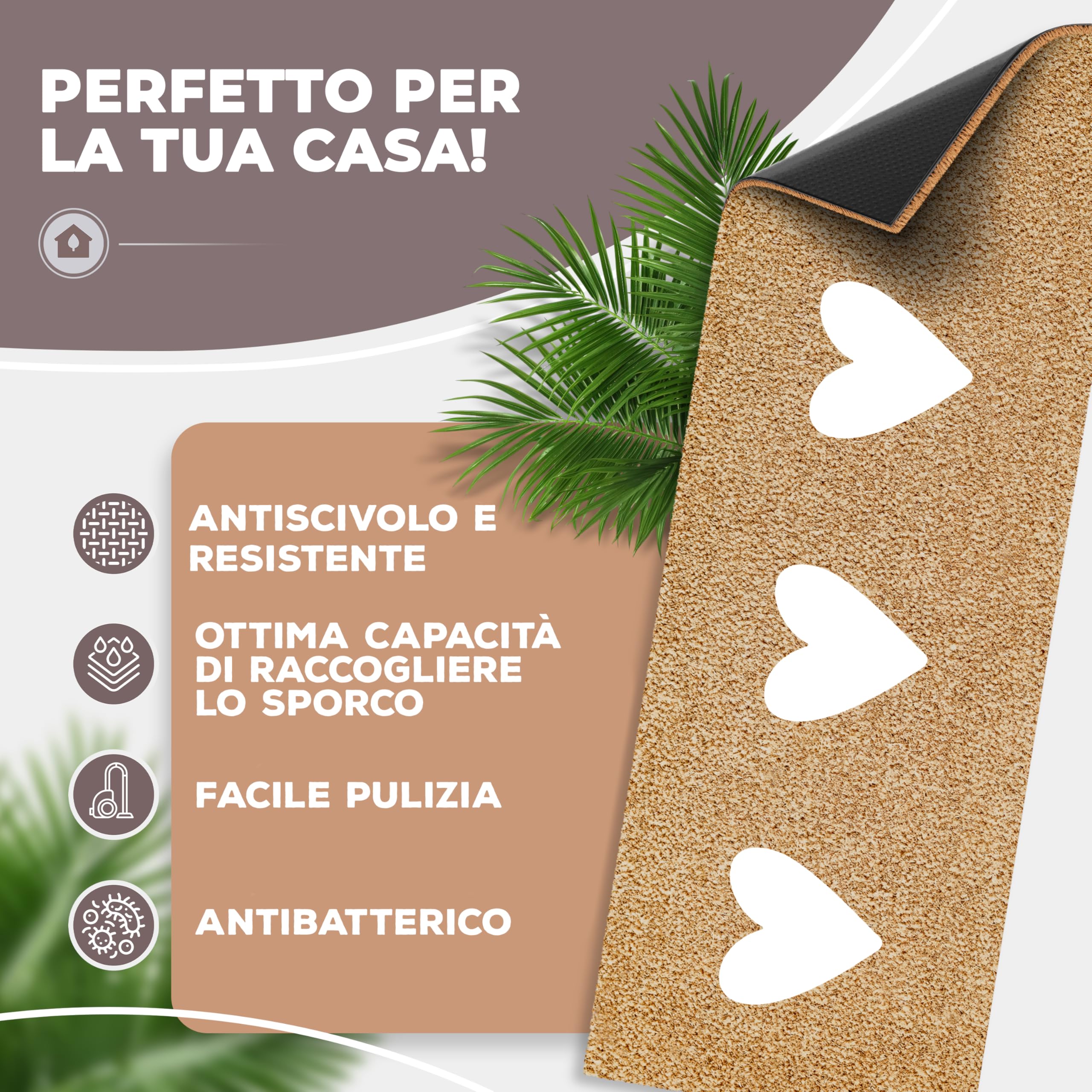 ElbFuchs® Zerbino in Cocco 75x25 cm | Cuori Bianchi | Extra Resistente e Antiscivolo | Zerbino Esterno e Interno Ingresso | Tappeto Spazzola in Cocco per Ingresso Esterno Stretto