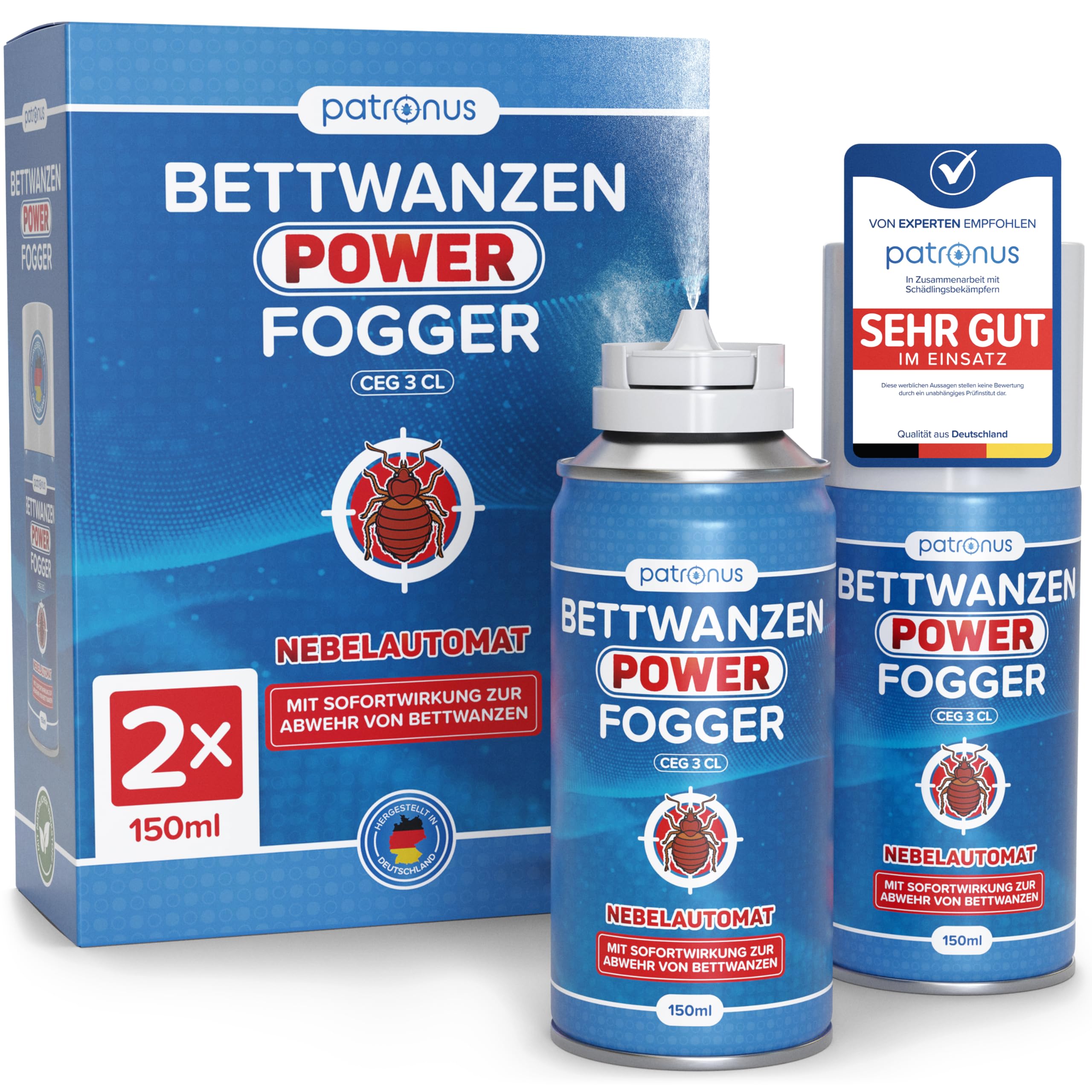 Patronus Bettwanzen Power Fogger - 2x 150ml - effektiver Vernebler mit maximaler Sofortwirkung zur BettwanzenAbwehr, für schwierig erreichbare Bettwanzen-Verstecke, aus deutscher Produktion