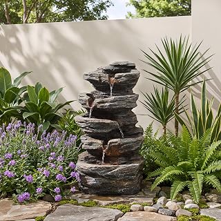 Anunweldo 19.7" 5-Tier Cascading Outdoor Water Fountain with LED Lights - Patio, Yard, Backyard Décor
