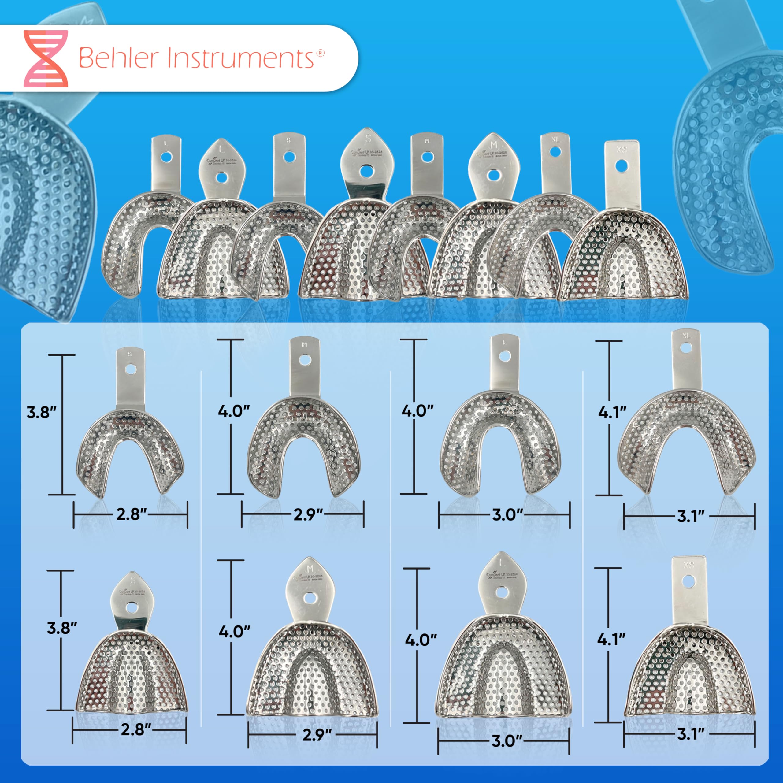 PACK 8 Pezzi Vassoi per Impronte Dentali Individuali, Dentate con Perforazione - 4 Inferiori e 4 Superiori - Acciaio Inossidabile ad alta resistenza - Strumento Essenziale per Professionisti Dentali