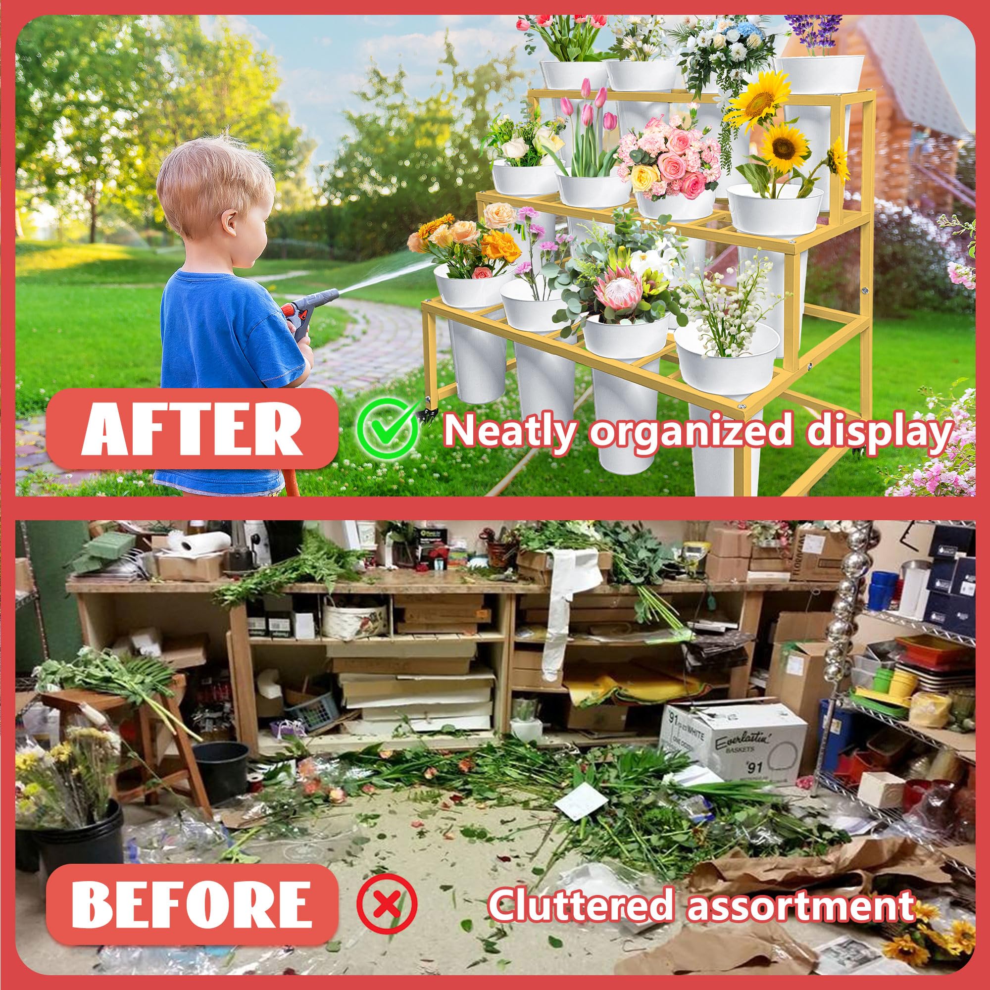 VGMiu Blumenständer Mit 12 Eimern - 3-stöckig, Mit Rädern, Weiß