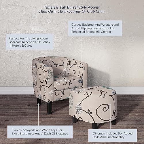 Miniatura 5 de BELLEZE Lydia - Juego de 2 sillas decorativas con otomana, silla de sala de estar con respaldo curvo, elegante silla de club y reposapiés, silla de