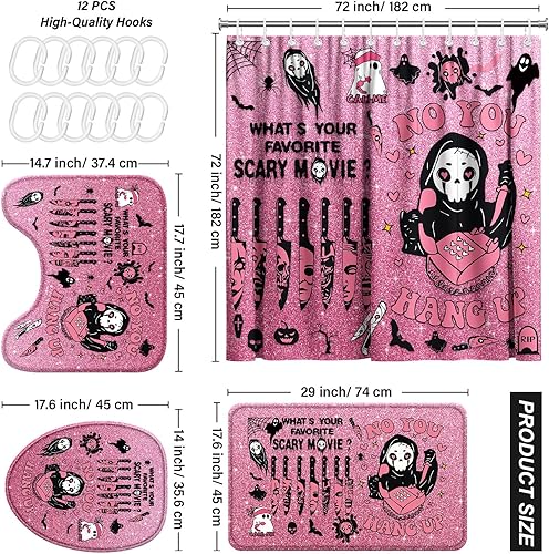 Miniatura 2 de KAIRA Juego de cortina de ducha gótica de Halloween con alfombras y accesorios, decoración de baño con temática de película de miedo, 72 x 72
