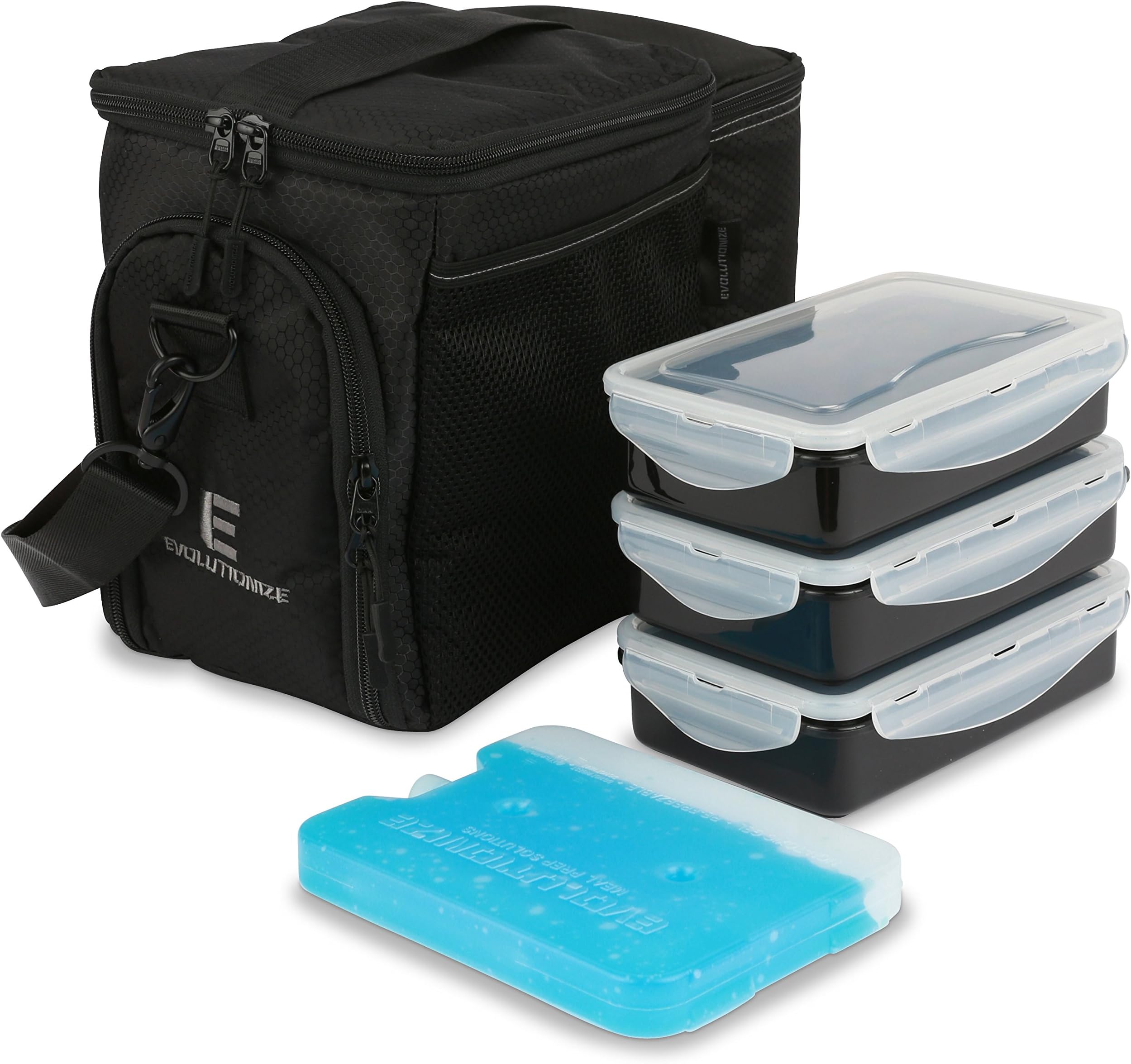 Evolutionize Meal Prep Insulated Lunch Bag Cooler Bag Patented Lunch Box includes Portion Control Meal Prep Containers and Ice Pack (3 Meal, Black)