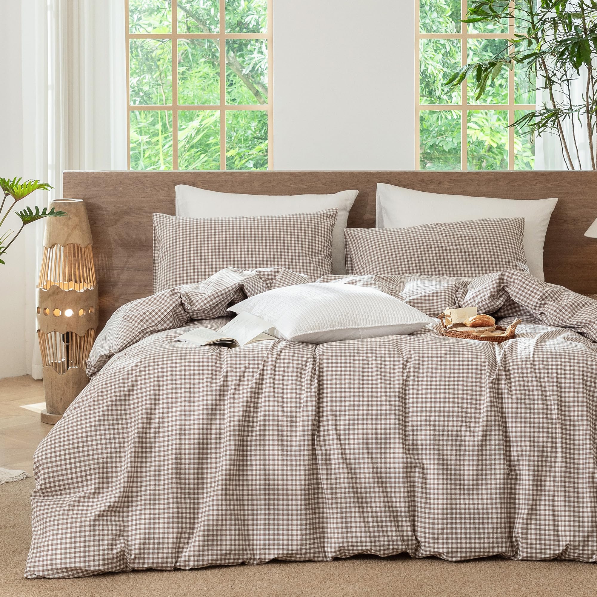 MooMee Gingham Duvet Cover Set 100% Washed Cotton Linen Like Queen
