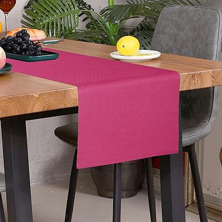 HOME COLORS.IN Cotton Solid Ribbed 6 Seater Table Runner | Center Table Runner | Dining Table Runner for Table Decorations - 14 x 72 Inch - Pink