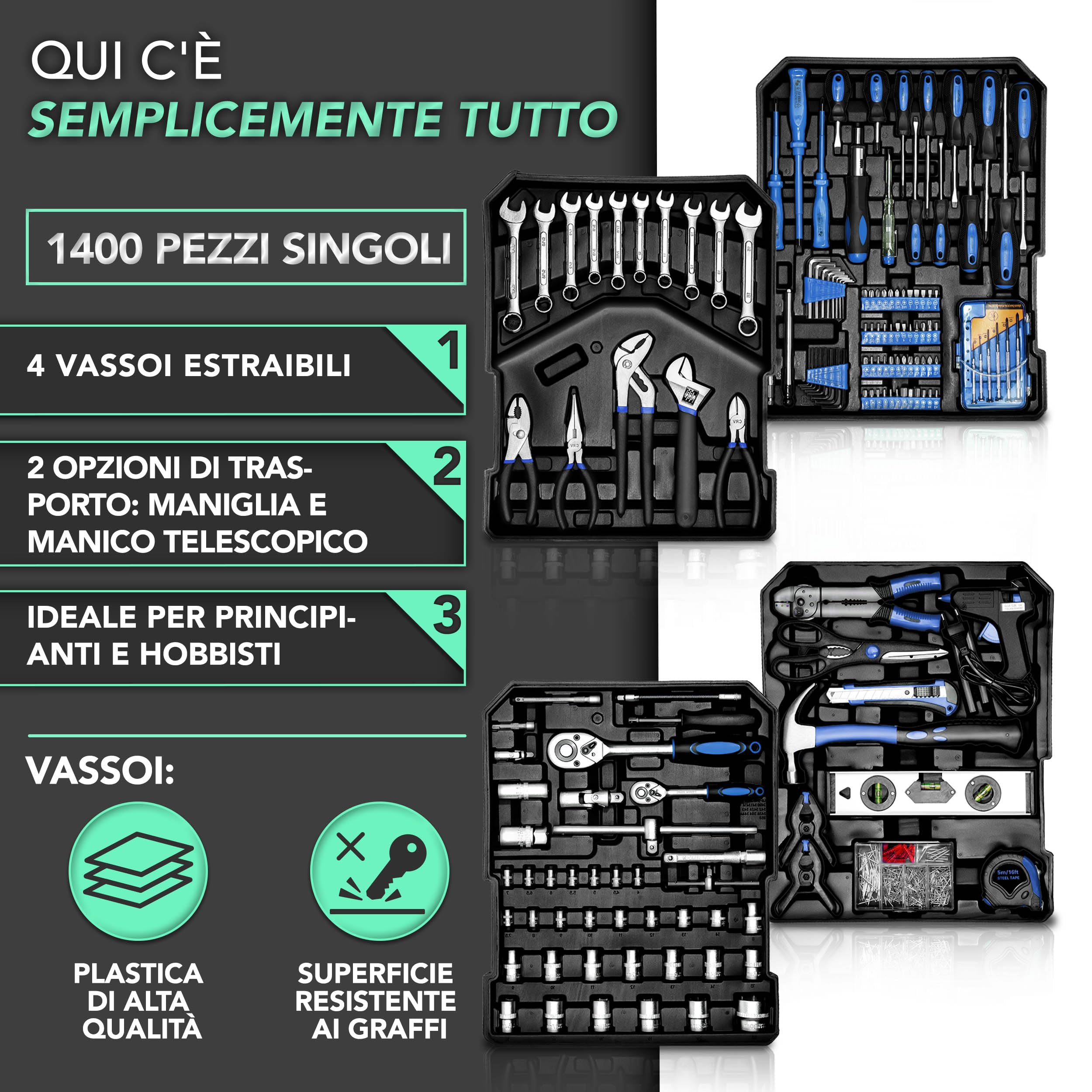 TRESKO® Valigia degli attrezzi composta da 1400 pezzi | cassetta degli attrezzi | portaattrezzi | set di arnesi | trolley degli attrezzi | acciaio cromo-vanadio (Blu)