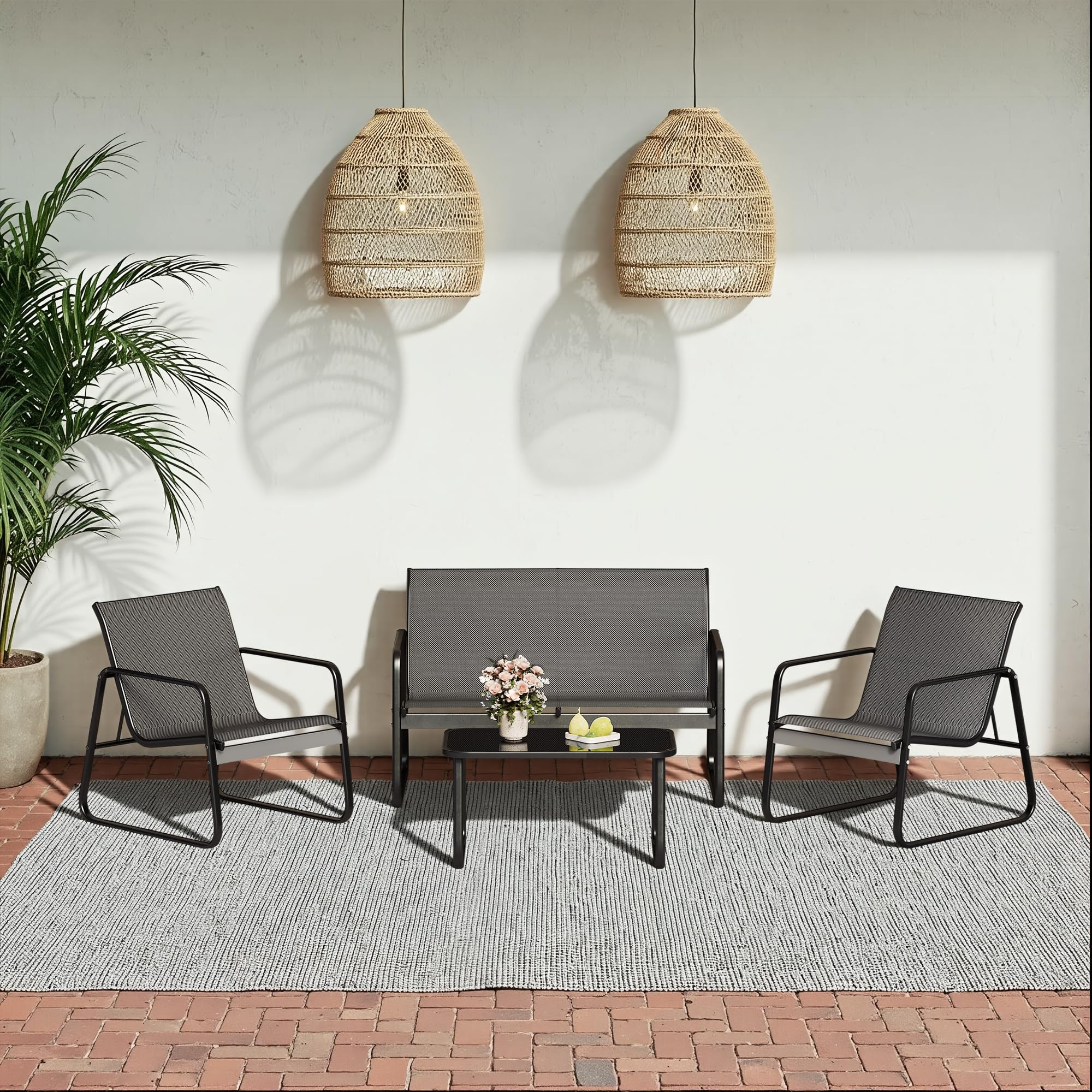 Conjunto de Jardín de 4 Piezas, con 3 Sillones y Mesa de Cristal, Muebles de Exterior para Patio, para Todas Las Estaciones, Terraza, Jardín, Balcón y Exteriores, Negro (Ensemble de 4 pièces)