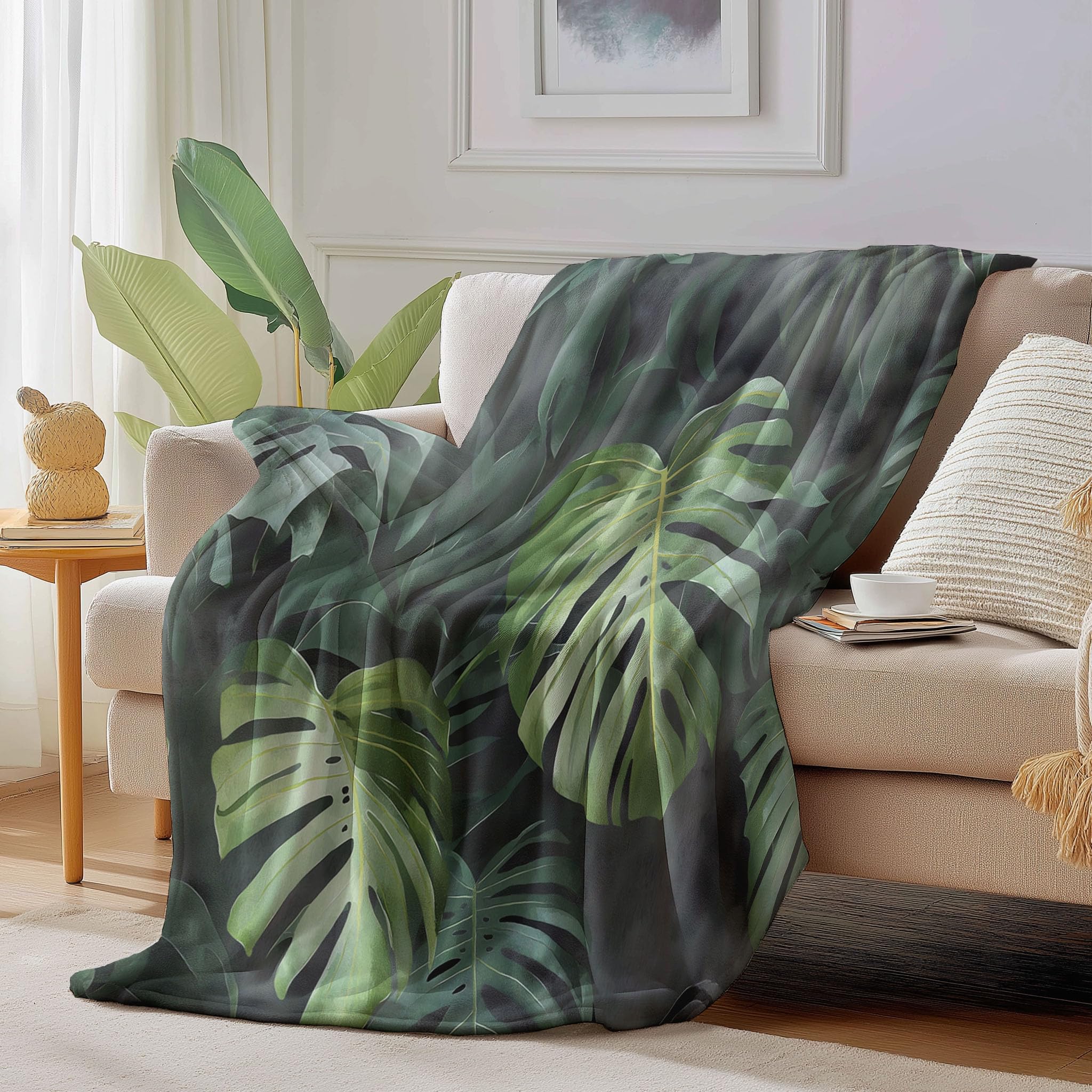 Couverture polaire flanelle feuilles de monstera gris foncé plaid microfibre 150x200