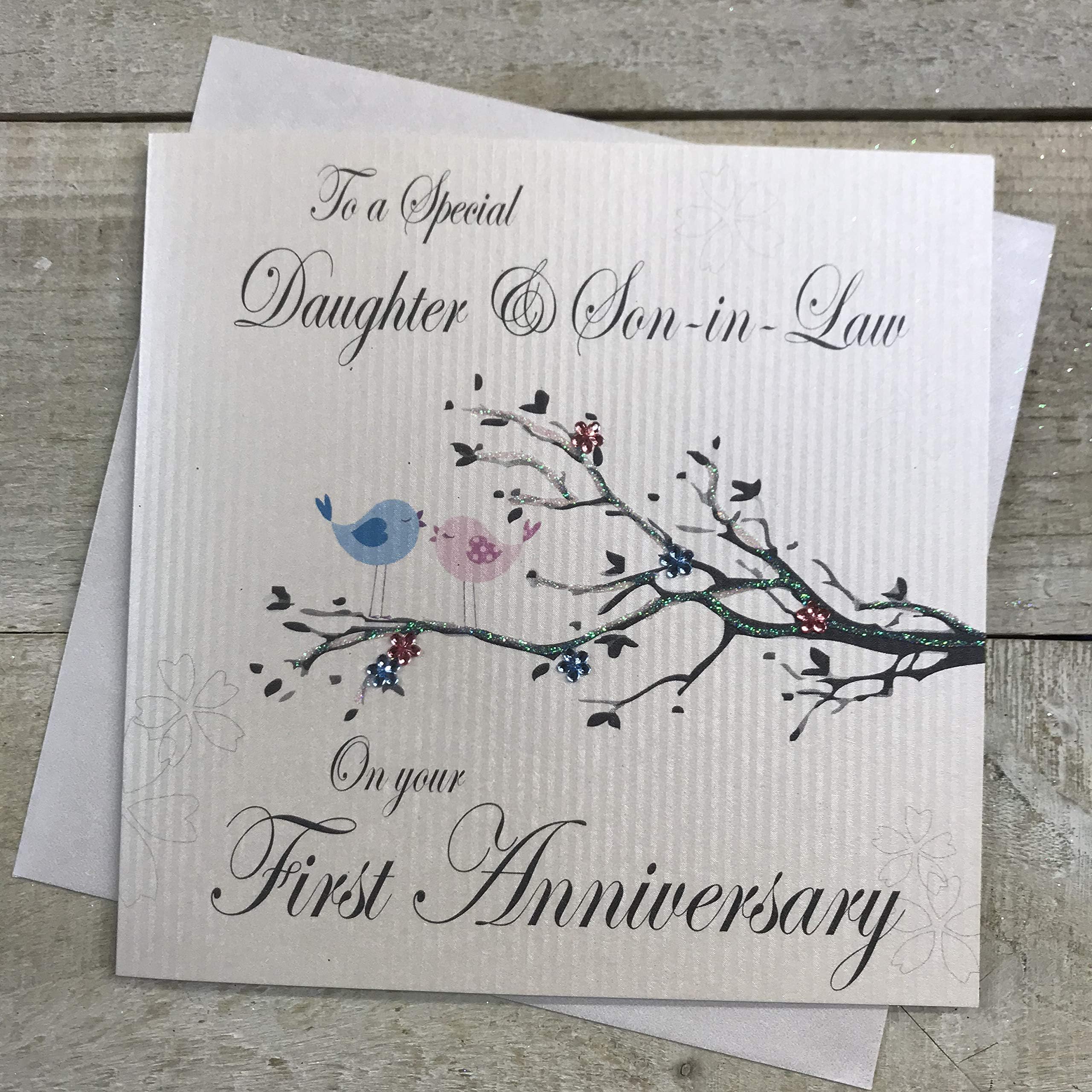 WHITE COTTON CARDSTo a Special Daughter and Son-in-Law On Your First Anniversary Handmade Card Love birds, White, PD193