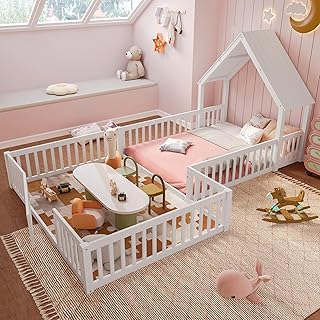 CZBZ Full Size House Floor Bed with Door & Full-Length Guardrails, Multi-Function White Wooden Bed for Independent Rest and Play Space