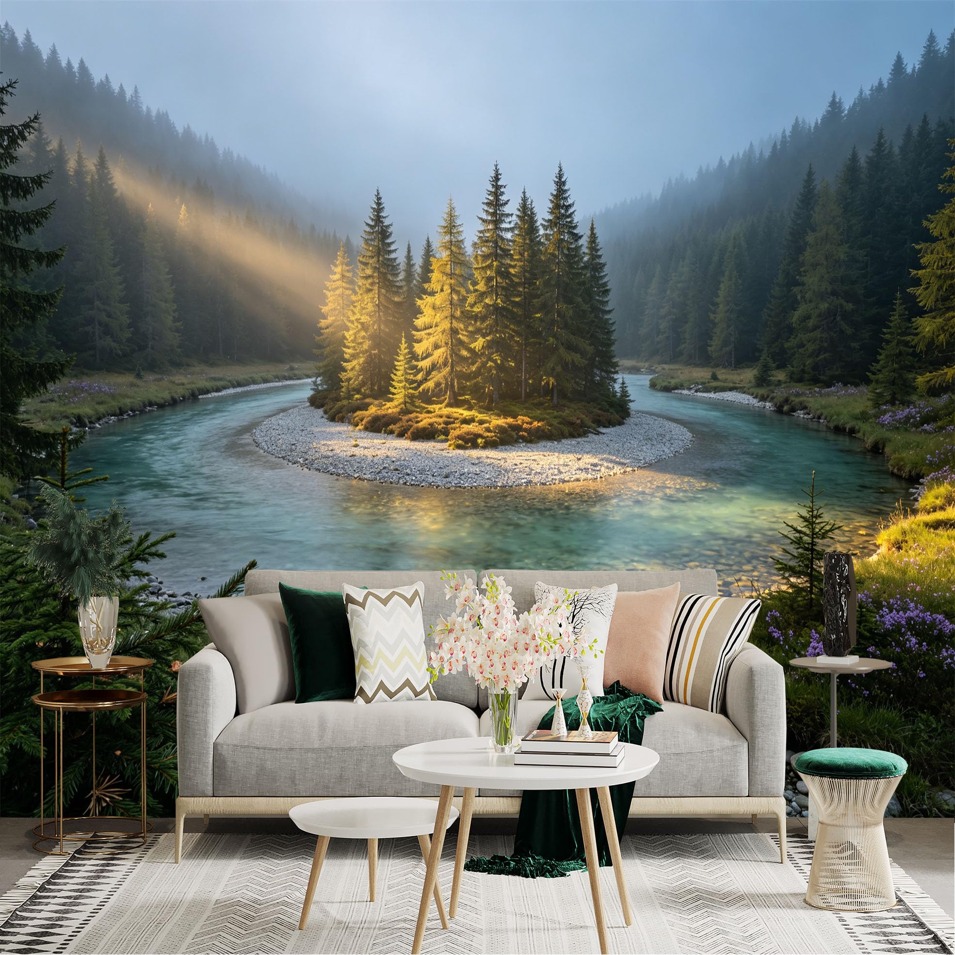 Lnzczhyre Bh260719239 Custom Size Wall Sticker Mural， Serene River Landscape With Sunlit Coniferous Forest And Misty Mountains， For Wall Decoration， Peelandstick Wall Decals.