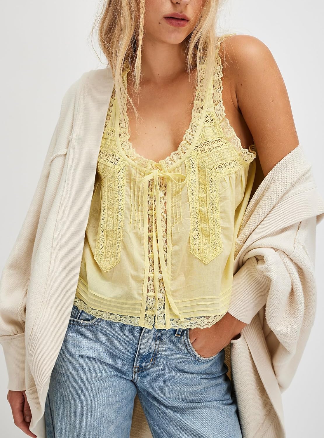 Womens Summer Flowy Tank Top with Lace Trim Button Down Chiffon Cami Shirt Boho Tie Front Ruffle Tank Crop Tops - Image 4