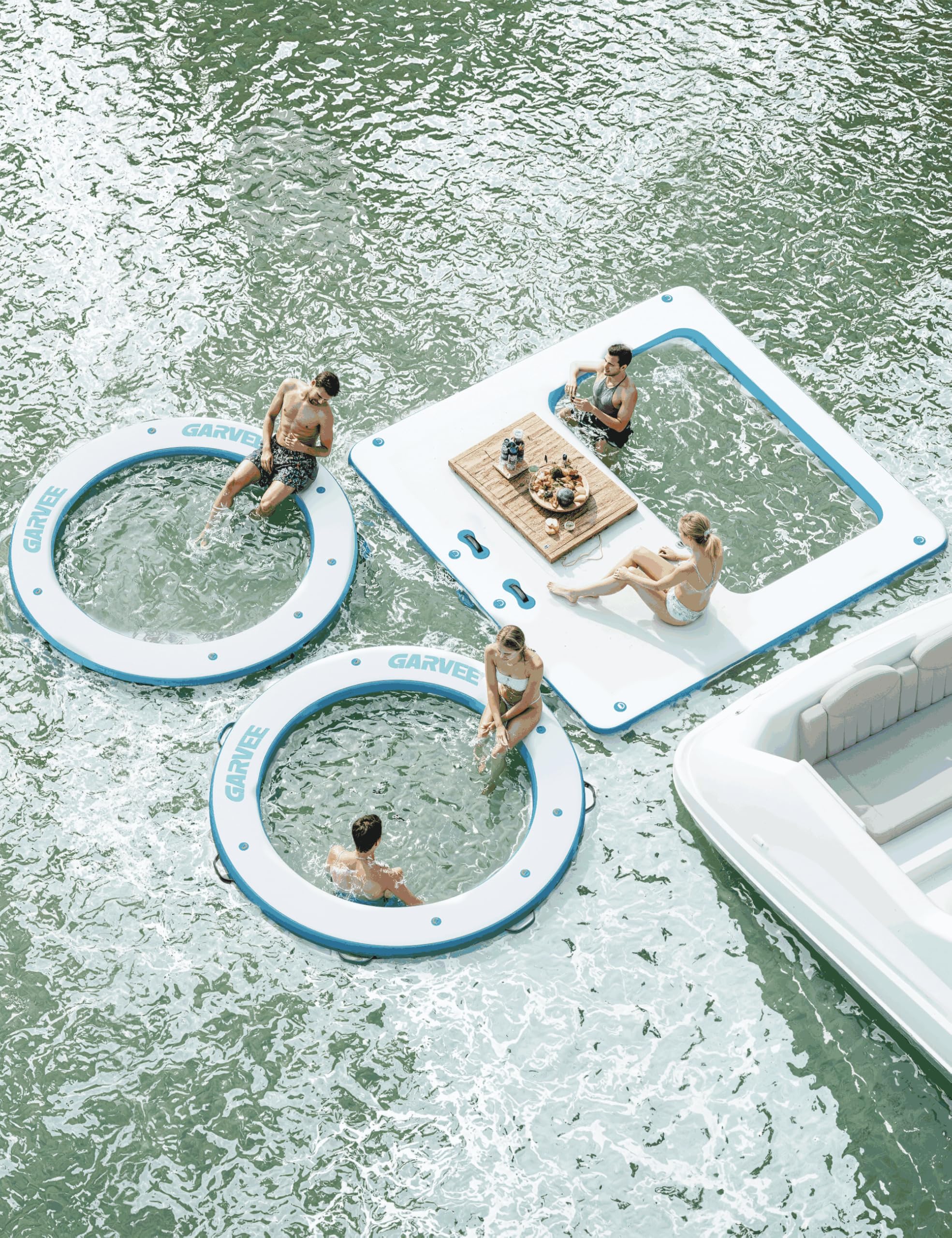 Vielseitige Aufblasbare Schwimmende Plattform mit Rutschfester Eva-Oberfläche & Seilleiter, Integrierter 1.5m Trampolin-Netzpool, Perfekte Wasserinsel und Schwimmdock für See, Pool, 2.59 * 2.59m