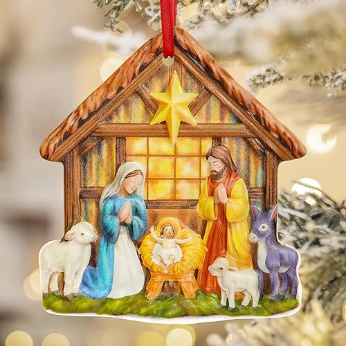 Adorno de Navidad con escena de Natividad Sagrada familia con bebé Decoración religiosa para árbol de Navidad Recuerdo cristiano de vacaciones
