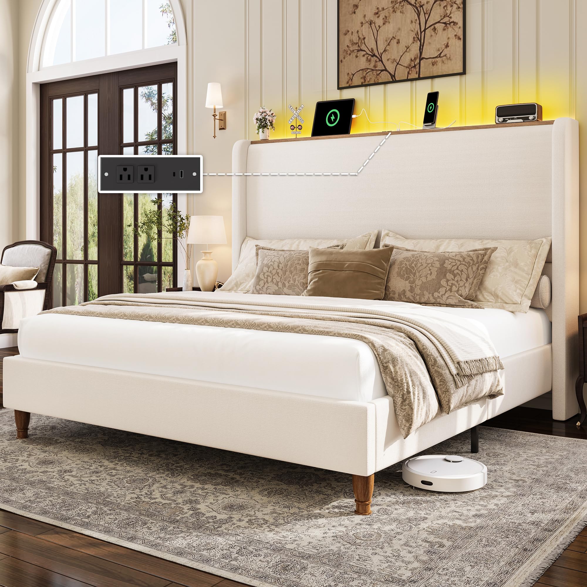 LARMACE Queen Size Bed Frame with LED Lights and Charging Station