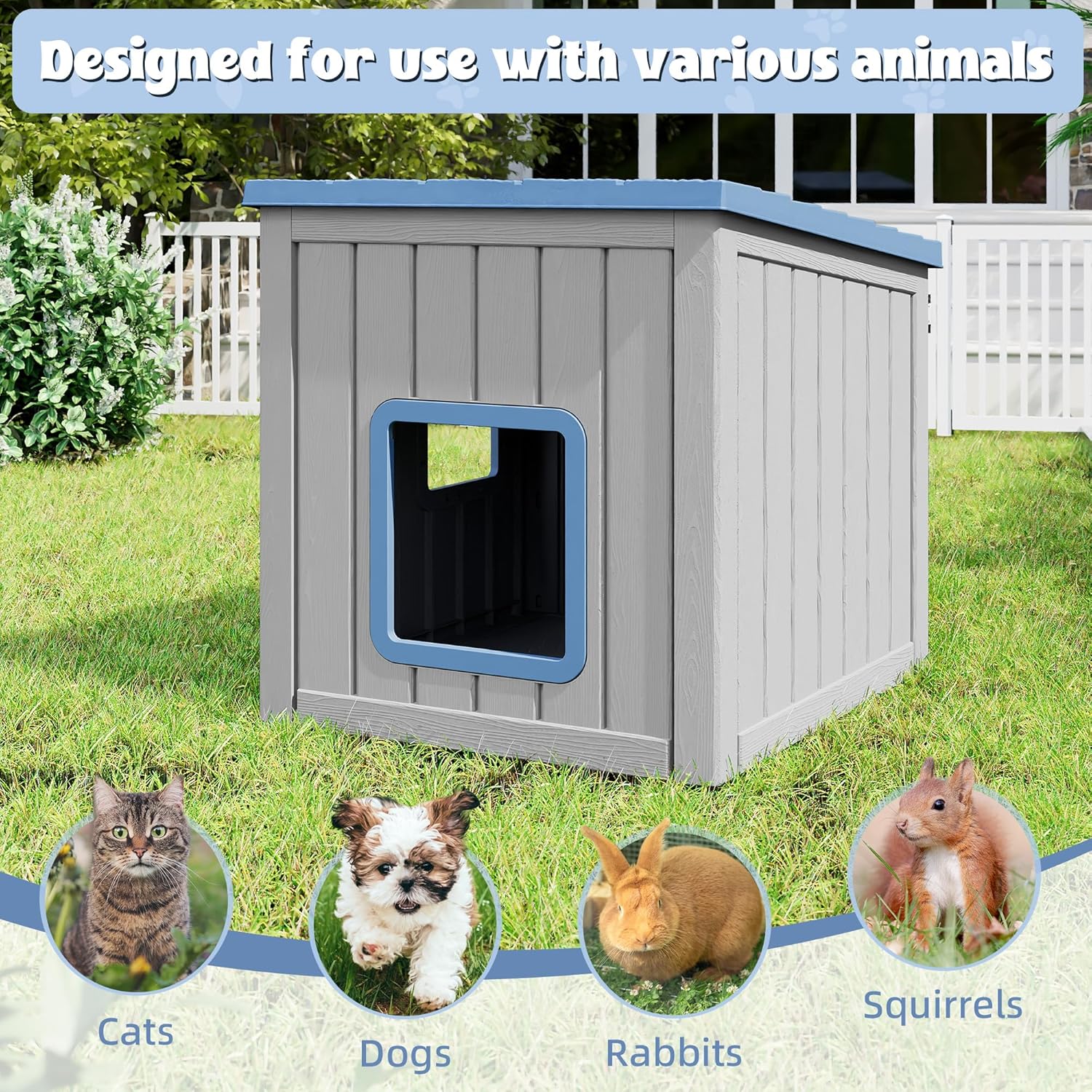 Outdoor Cat House, Cat Houses for Outdoor Indoor Cats, Clawsable Cat House Weatherproof, Feral Cat Shelter, Resin Insulated Material, Emergency Exit Easy to Clean and Install, Blue