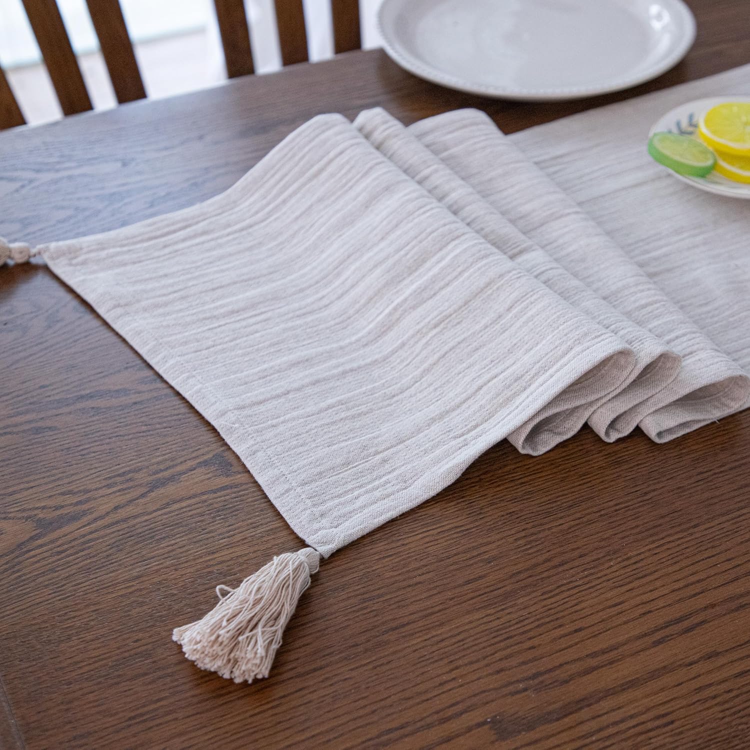 Simple&Opulence Linen Cotton Table Runner, Farmhouse Table Runner with Tassels for Bohemian Rustic Wedding, Bridal Shower, Dinner （14 x 72 Inch - Linen ）