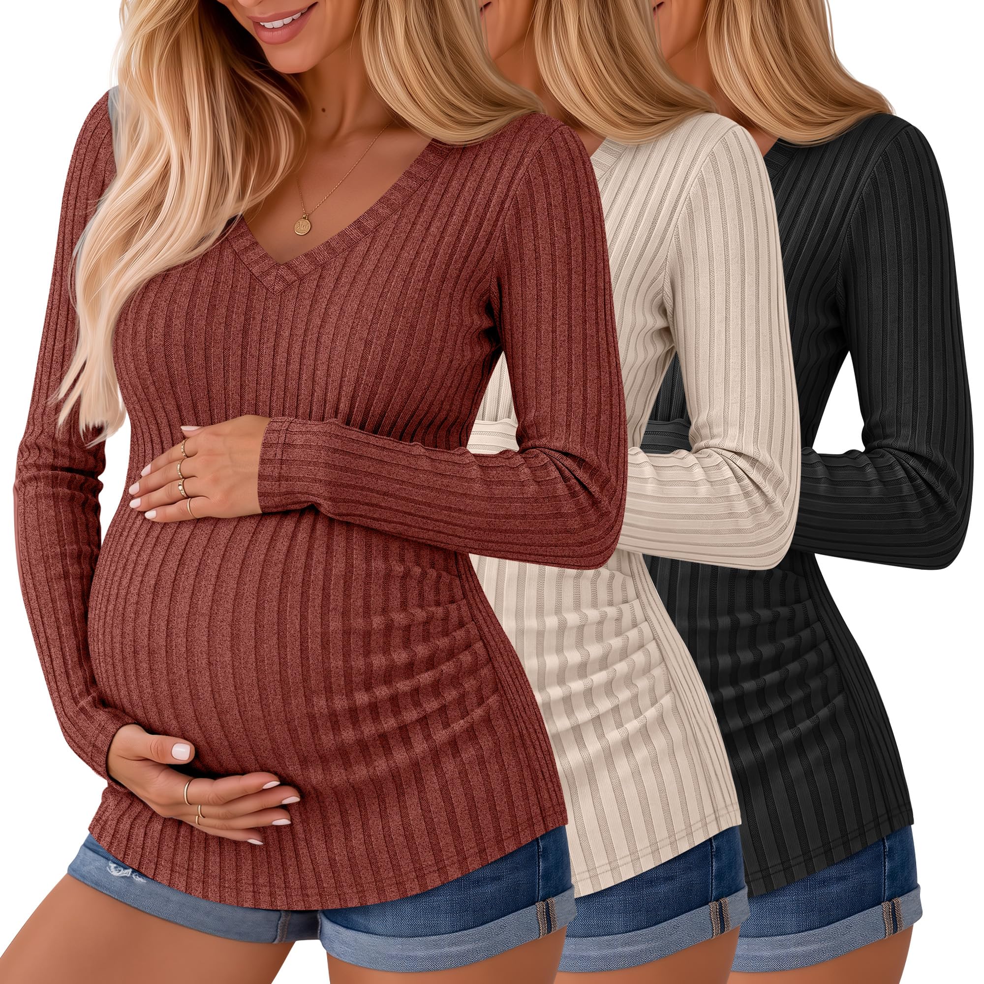 Ficerd 3 Pack Women Maternity Ribbed Long Sleeve Sweater Shirts