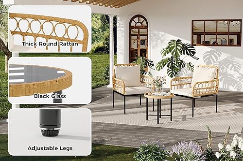 Miniatura 4 de GAOMON Juego de 3 muebles de patio al aire libre con mesa, juego de sillas de ratán para todo tipo de clima, 2 sillas de mimbre acolchadas y mesa